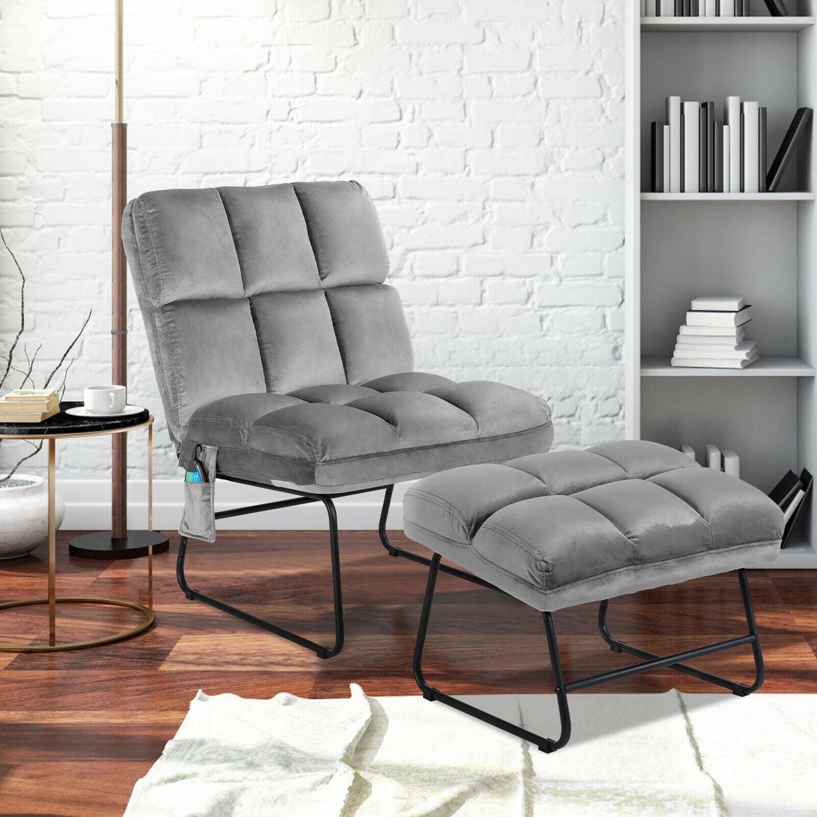 Velvet Massage Recliners with Ottoman Remote Control and Side Pocket-Gray