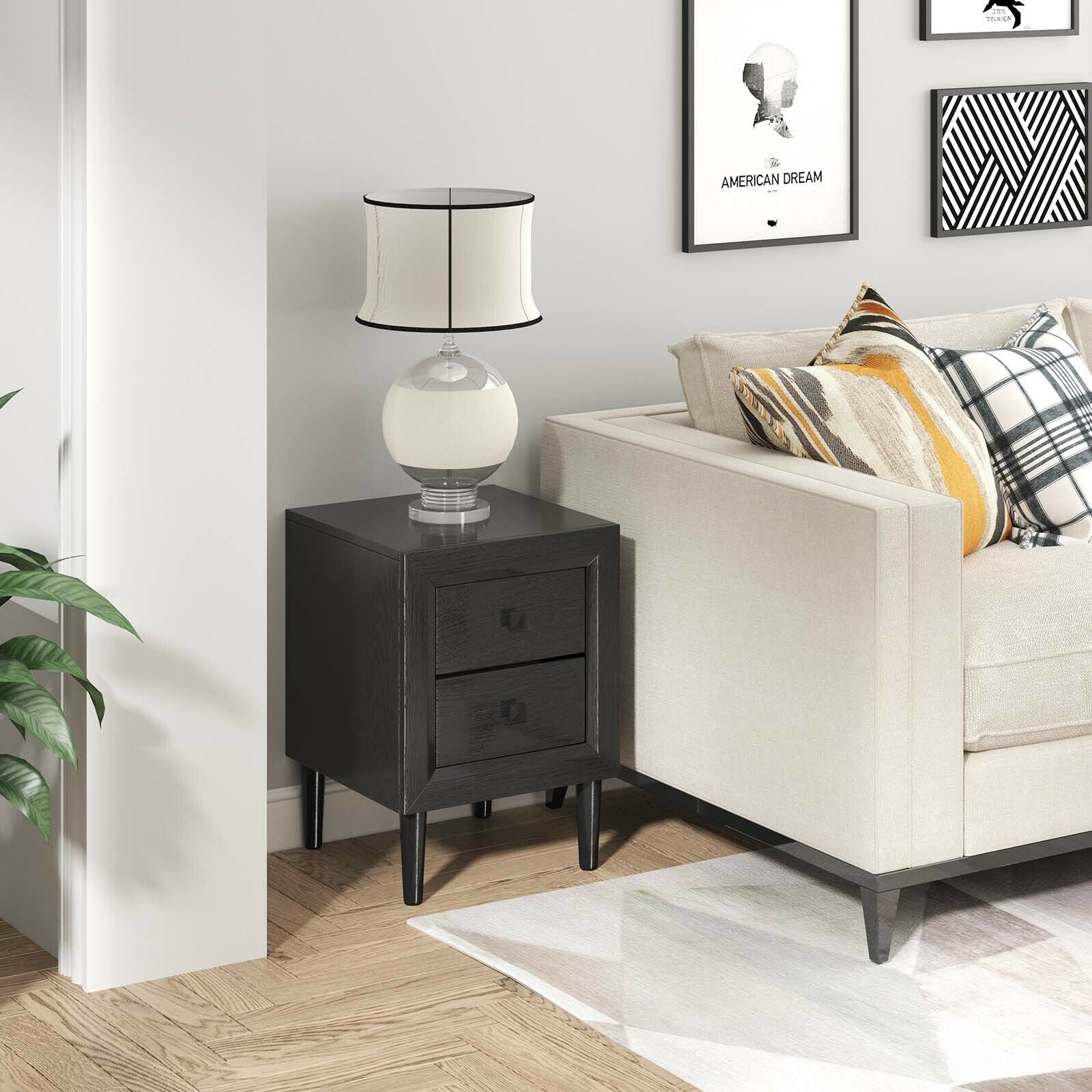 2 Pieces Multipurpose Retro Nightstand with 2 Drawers-Black