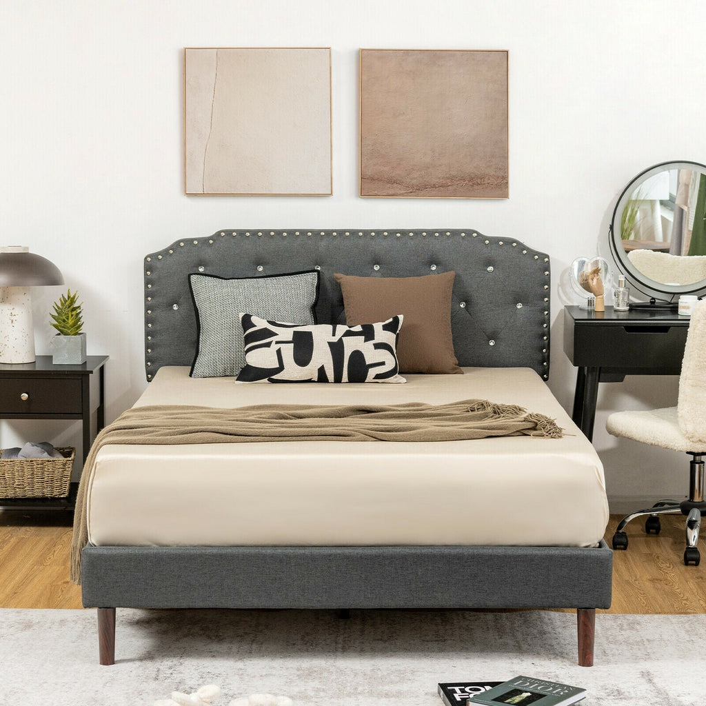 Upholstered Bed Frame with Adjustable Diamond Button Headboard-Full Size