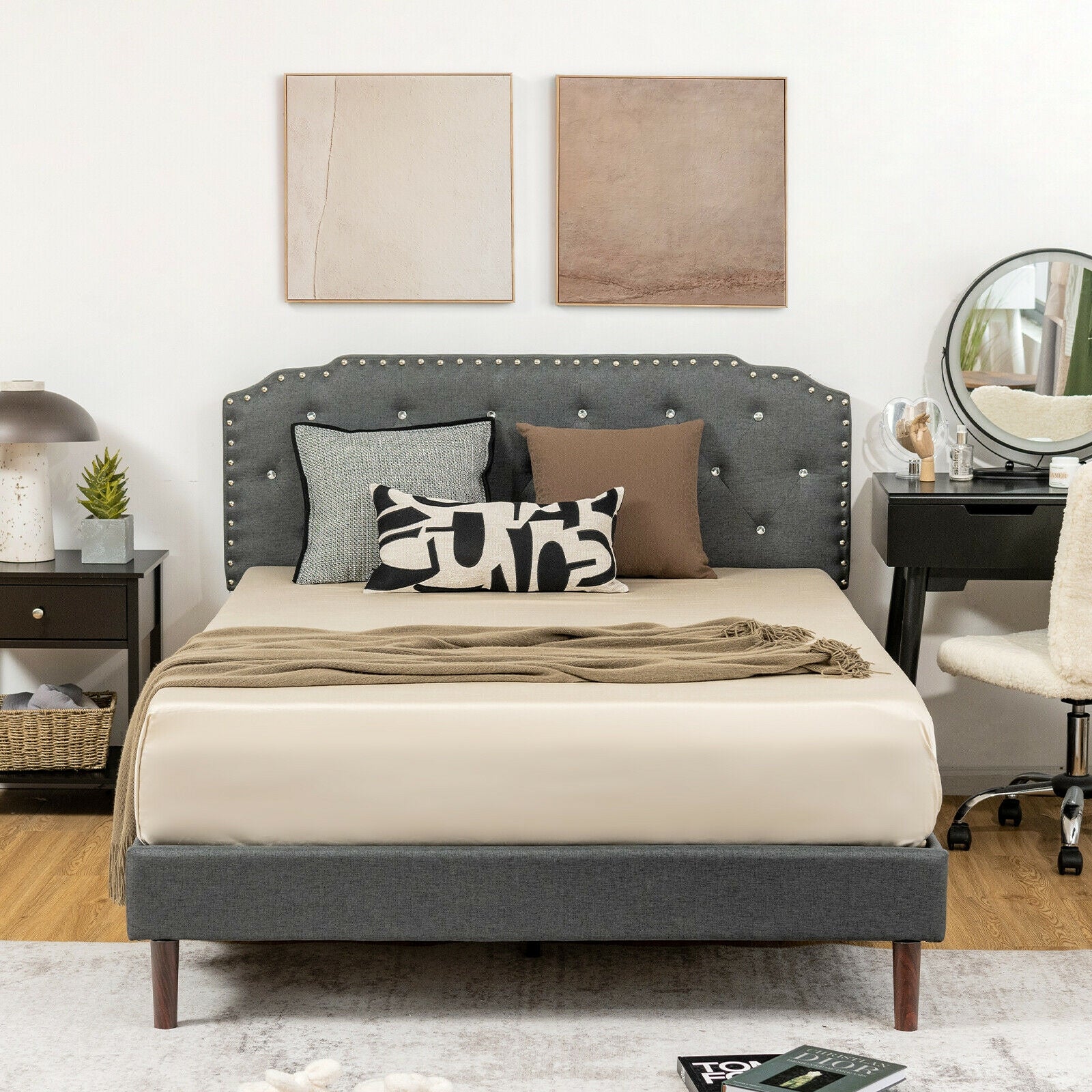 Upholstered Bed Frame with Adjustable Diamond Button Headboard-Full Size