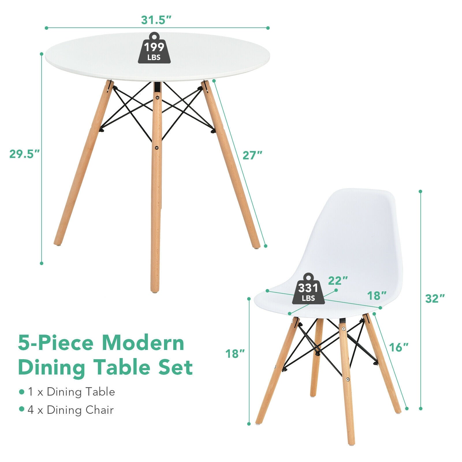 5 Pieces Table Set With Solid Wood Leg For Dining Room-White