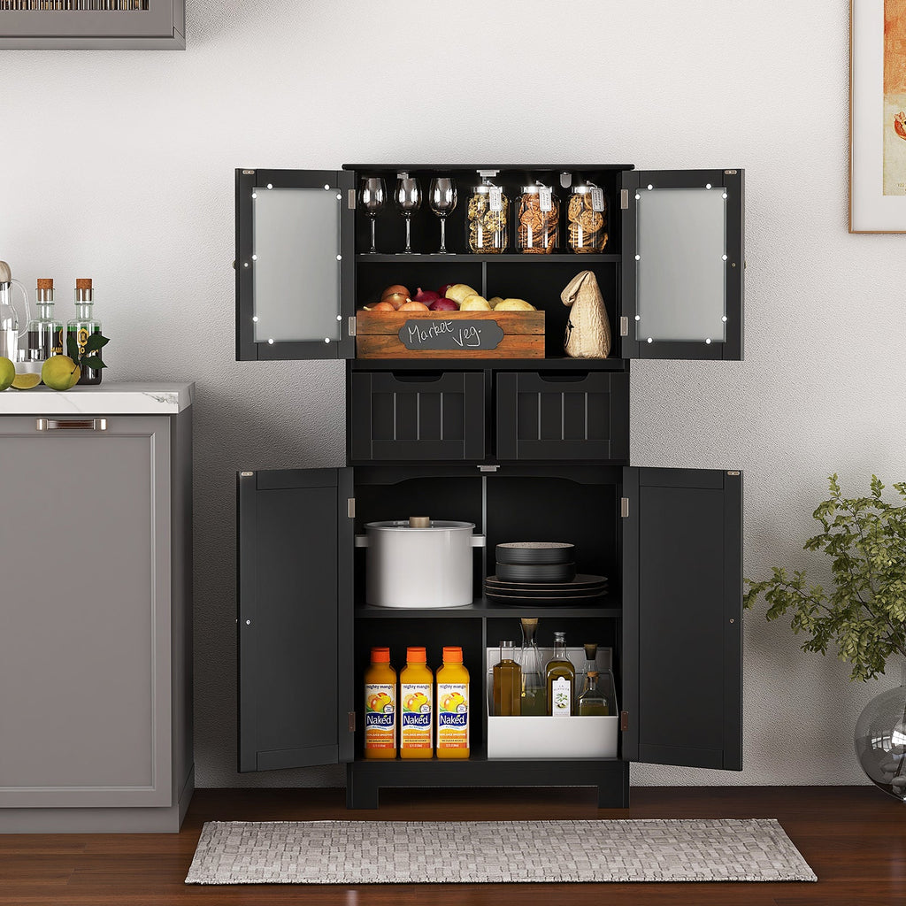 4 Door Freestanding Bathroom Floor Storage Cabinet with 2 Drawers and Glass Doors-Black