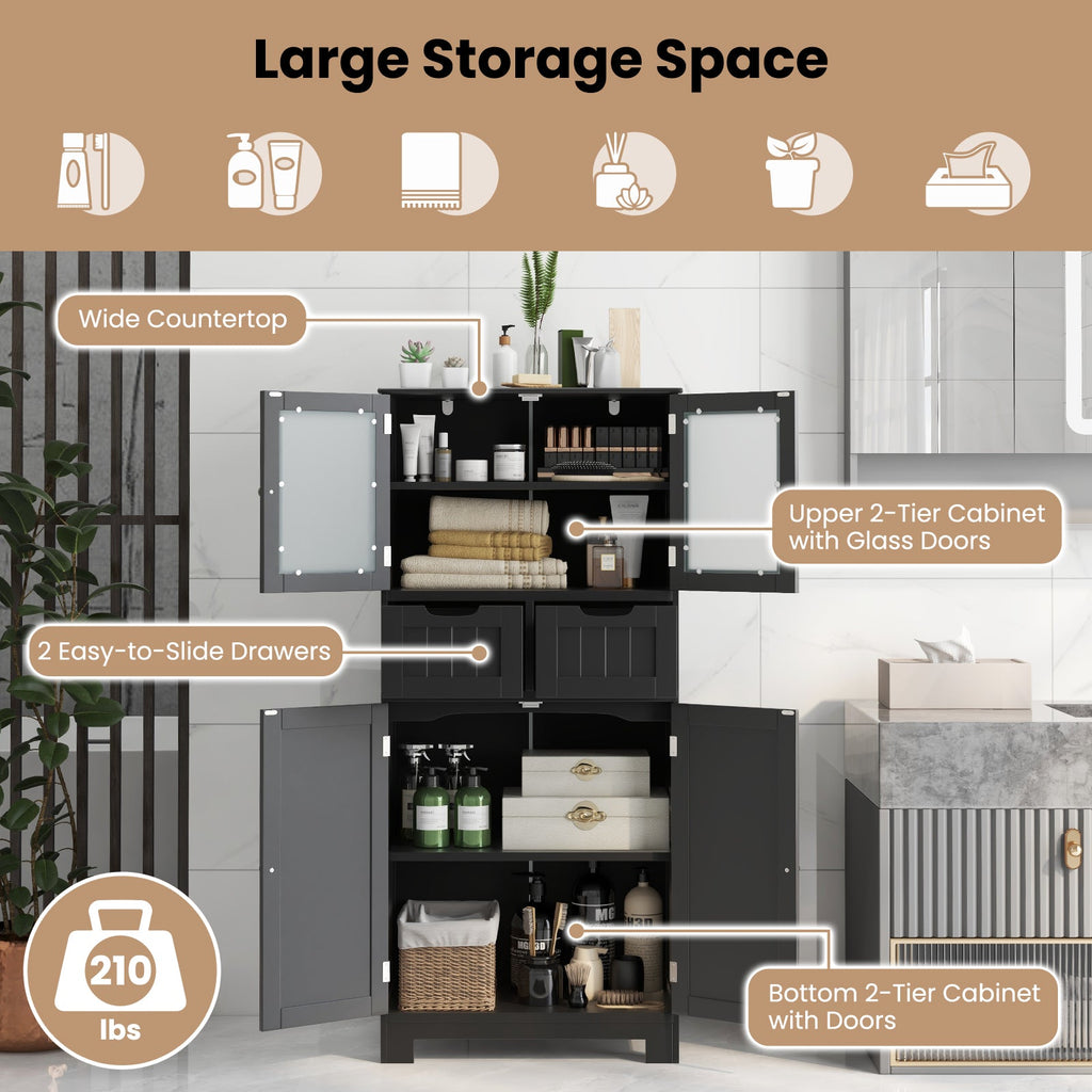 4 Door Freestanding Bathroom Floor Storage Cabinet with 2 Drawers and Glass Doors-Black