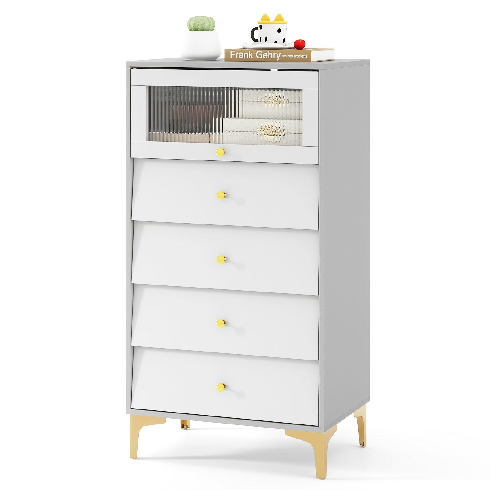 4 Drawer Modern Storage Cabinet with Flip Up Fluted Glass Door-Gray and White