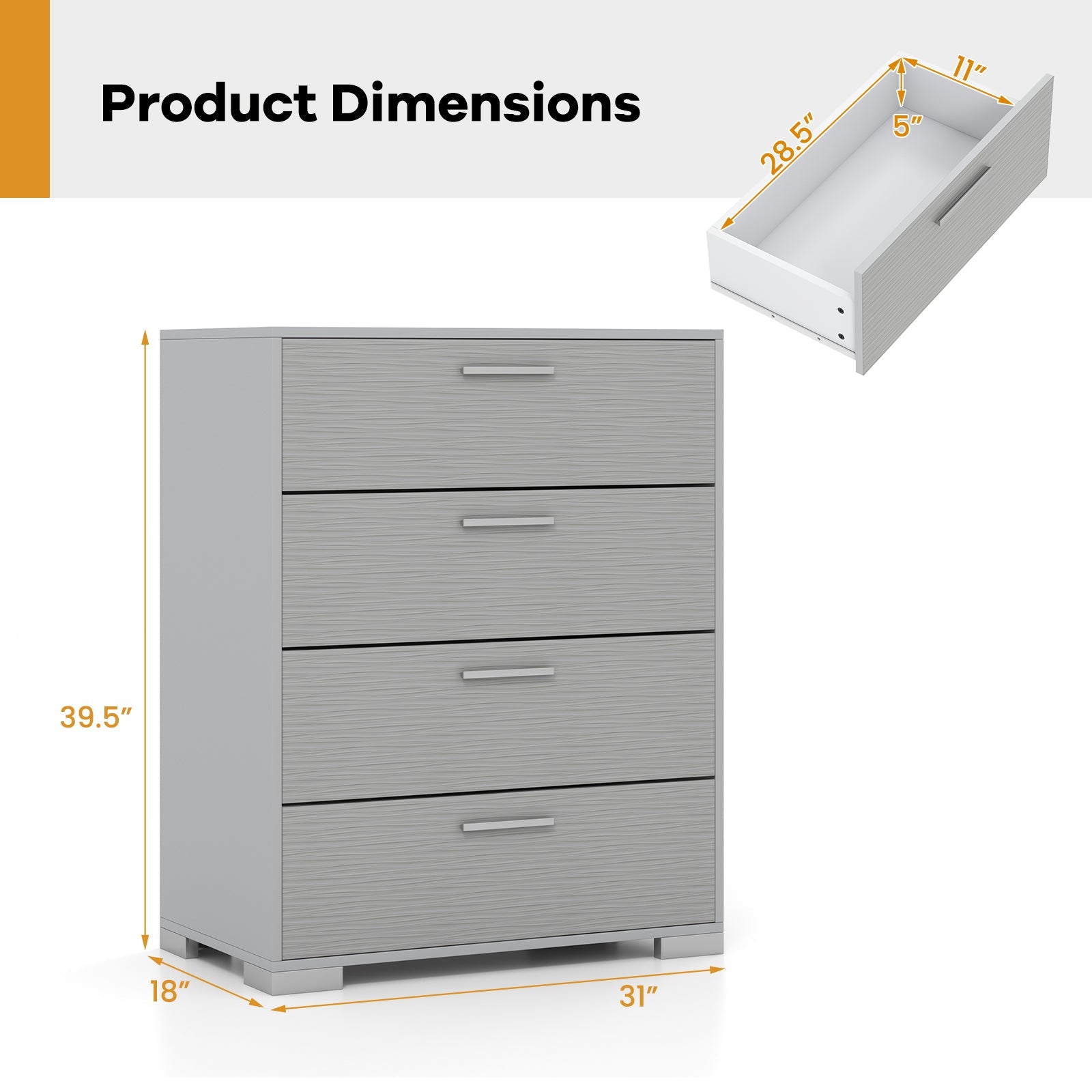 4 Drawer Storage Cabinet with Metal Legs Handles with Anti-Toppling Devices-Gray