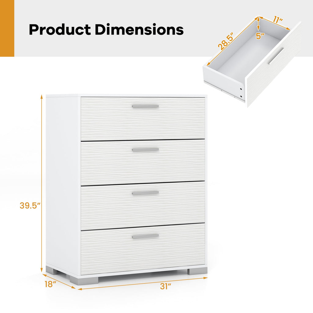 4 Drawer Storage Cabinet with Metal Legs Handles with Anti-Toppling Devices-White