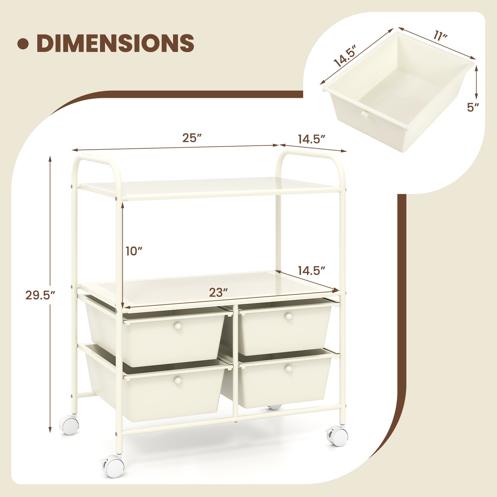 4 Drawers Shelves Rolling Storage Cart Rack-White