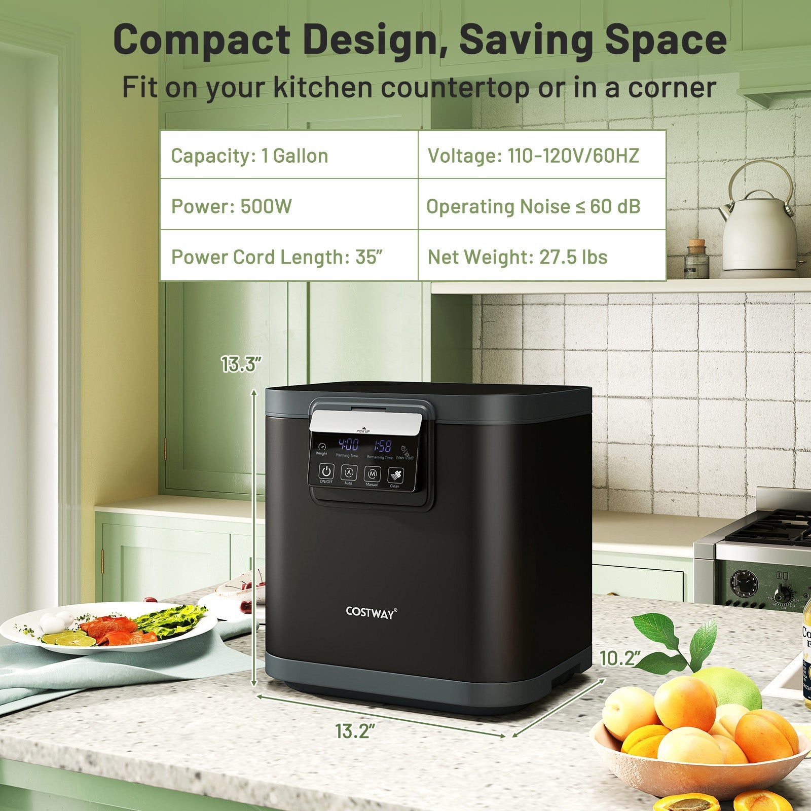 4 L Electric Composter with Lid and LED Display for Kitchen-Black