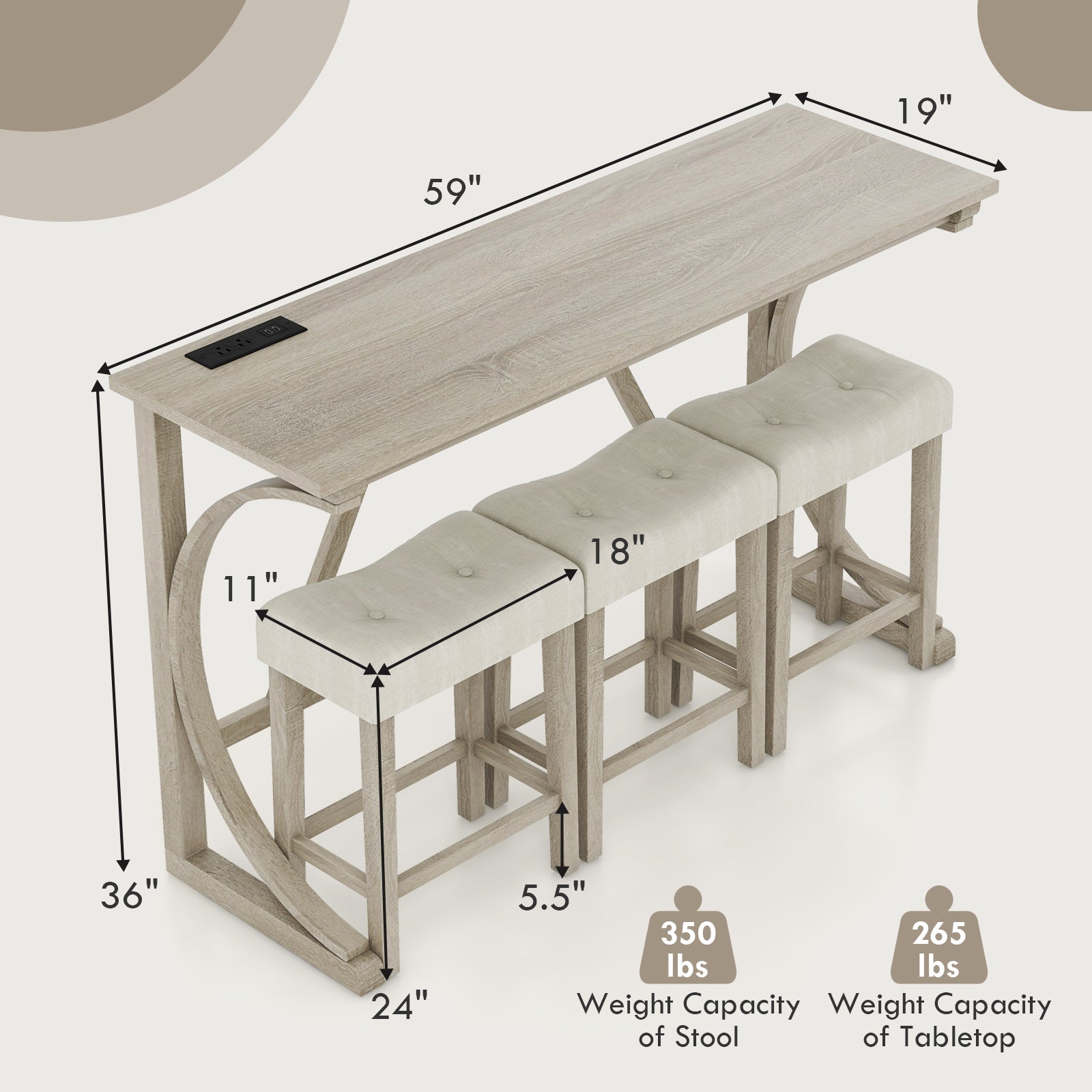 4-Piece Bar Table Set with Power Outlet and Upholstered Saddle Seat Stools-Grey and Beige