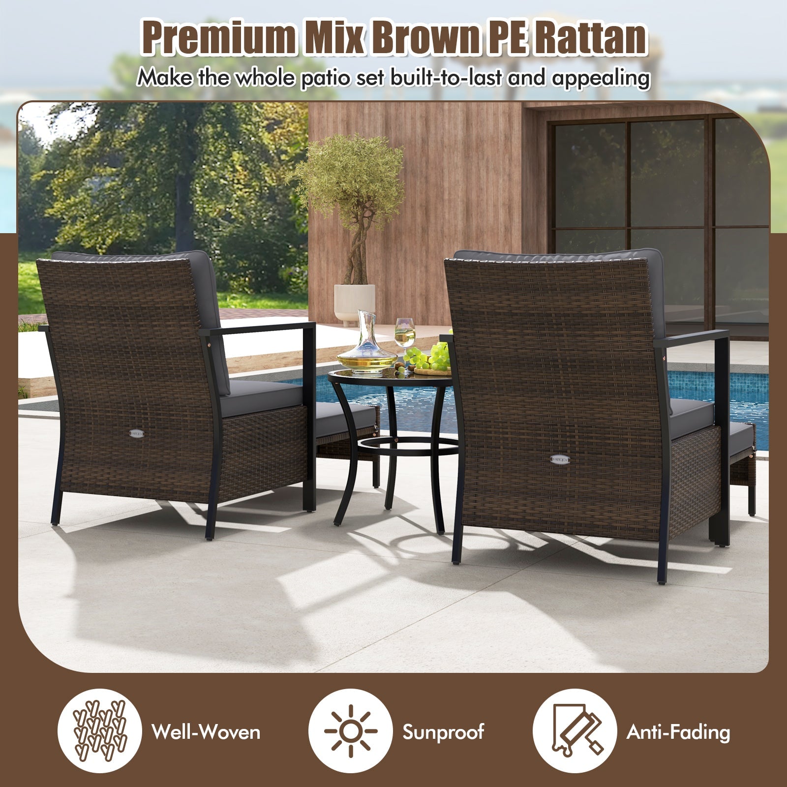 4 Piece Outdoor Furniture Set with Glass Topped Coffee Table-Gray