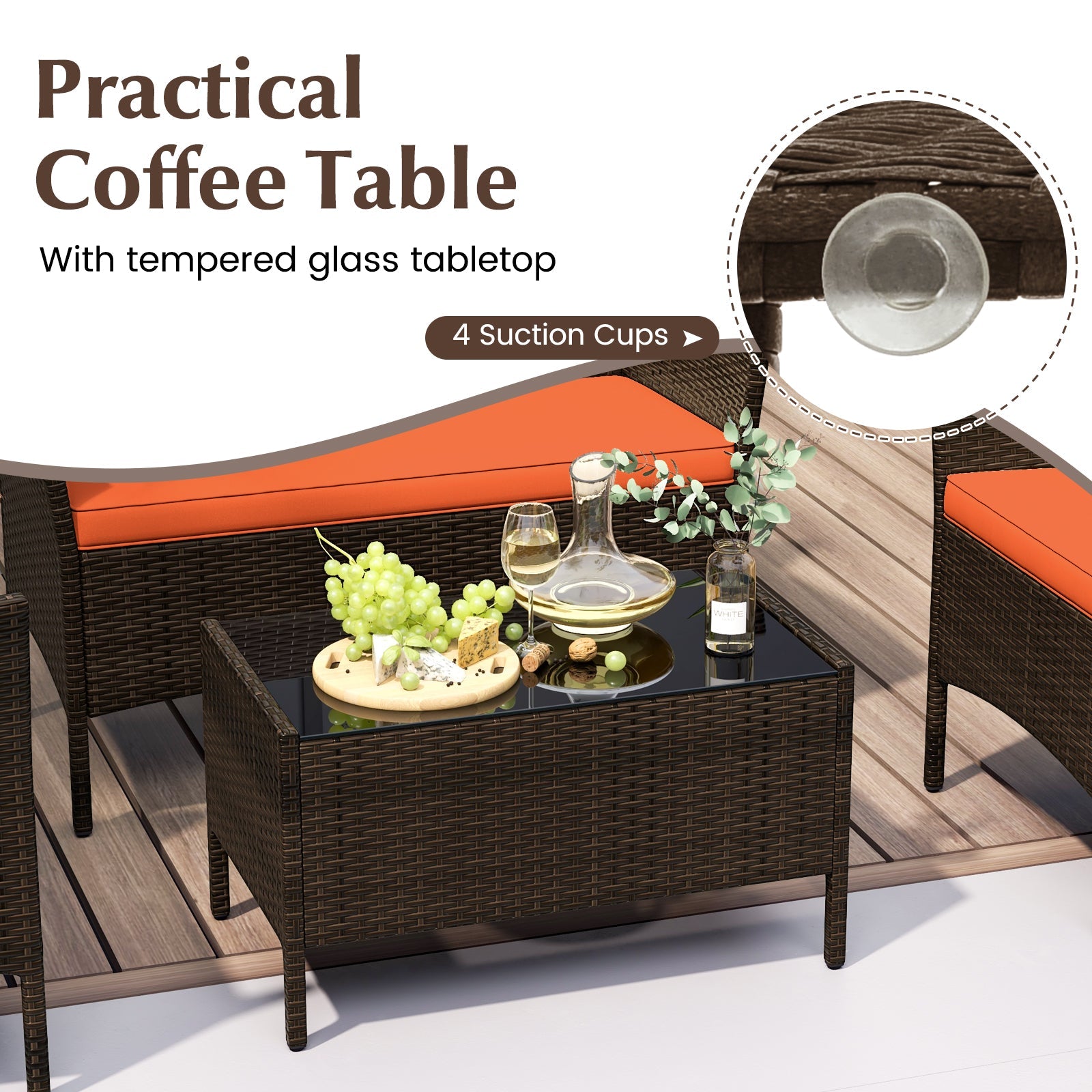 4 Piece Patio Rattan Conversation Set with Cozy Seat Cushions-Orange