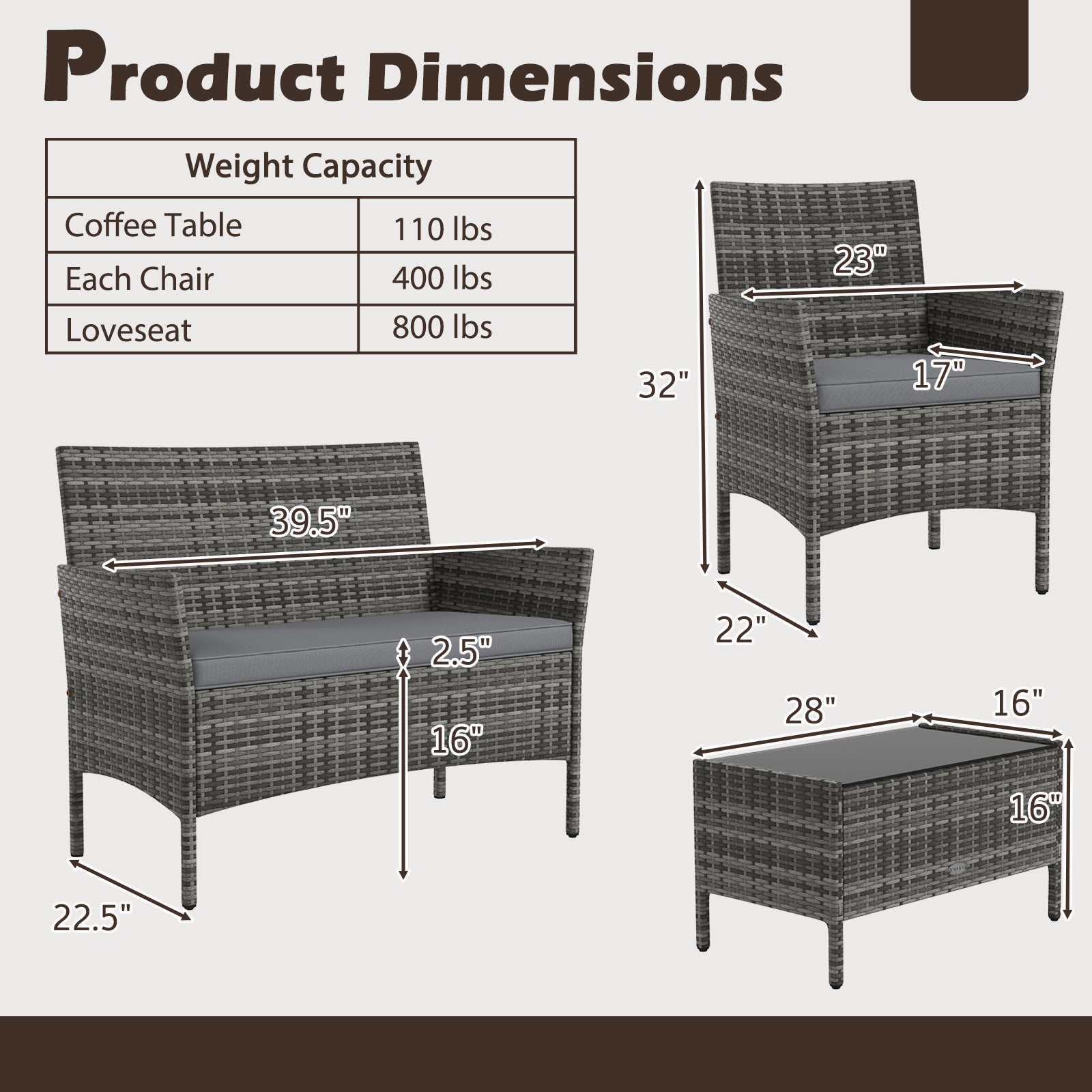 4 Piece Patio Rattan Conversation Set with Cozy Seat Cushions-Light Gray