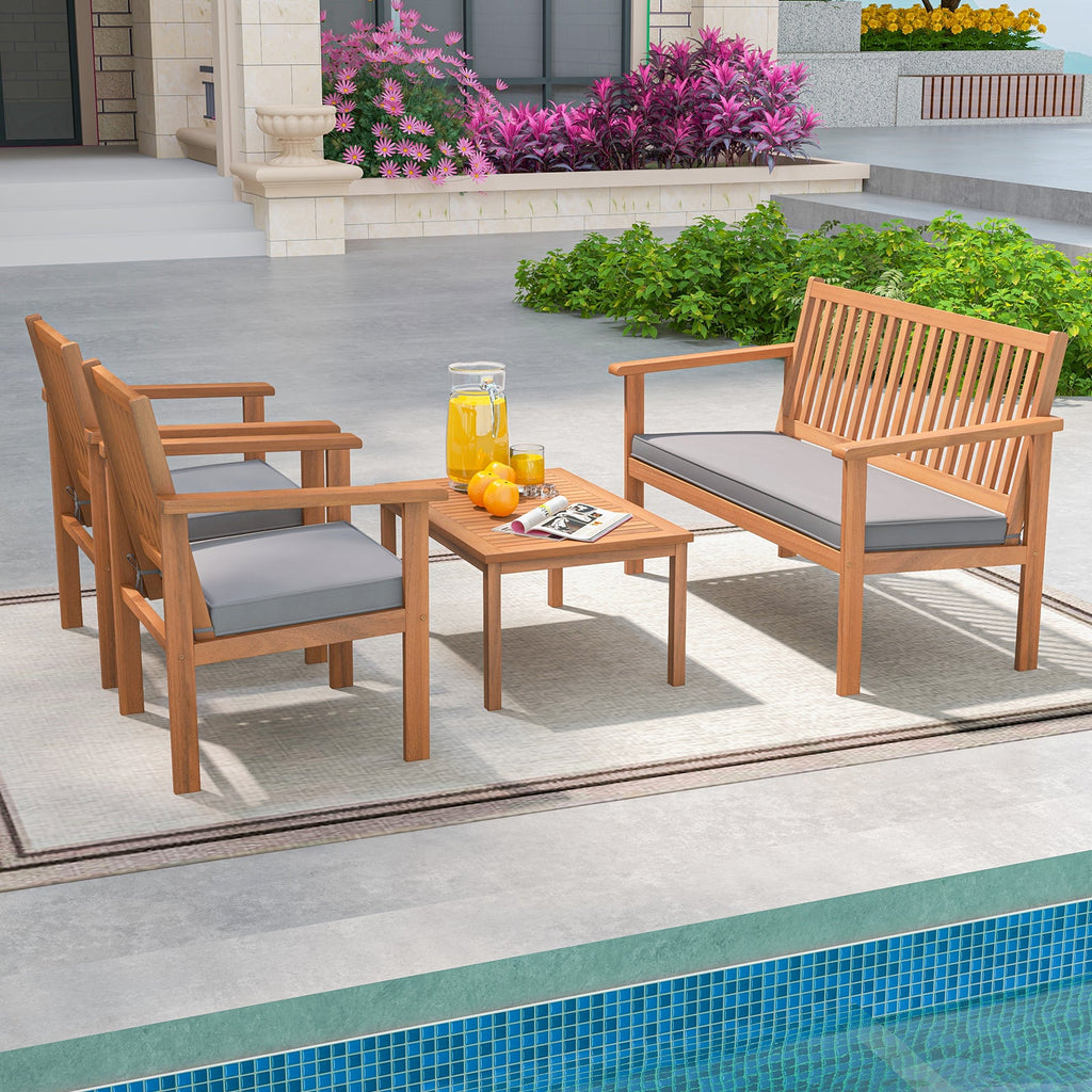 4 Piece Patio Wood Furniture Set Acacia Wood Sofa Set with Loveseat-Gray