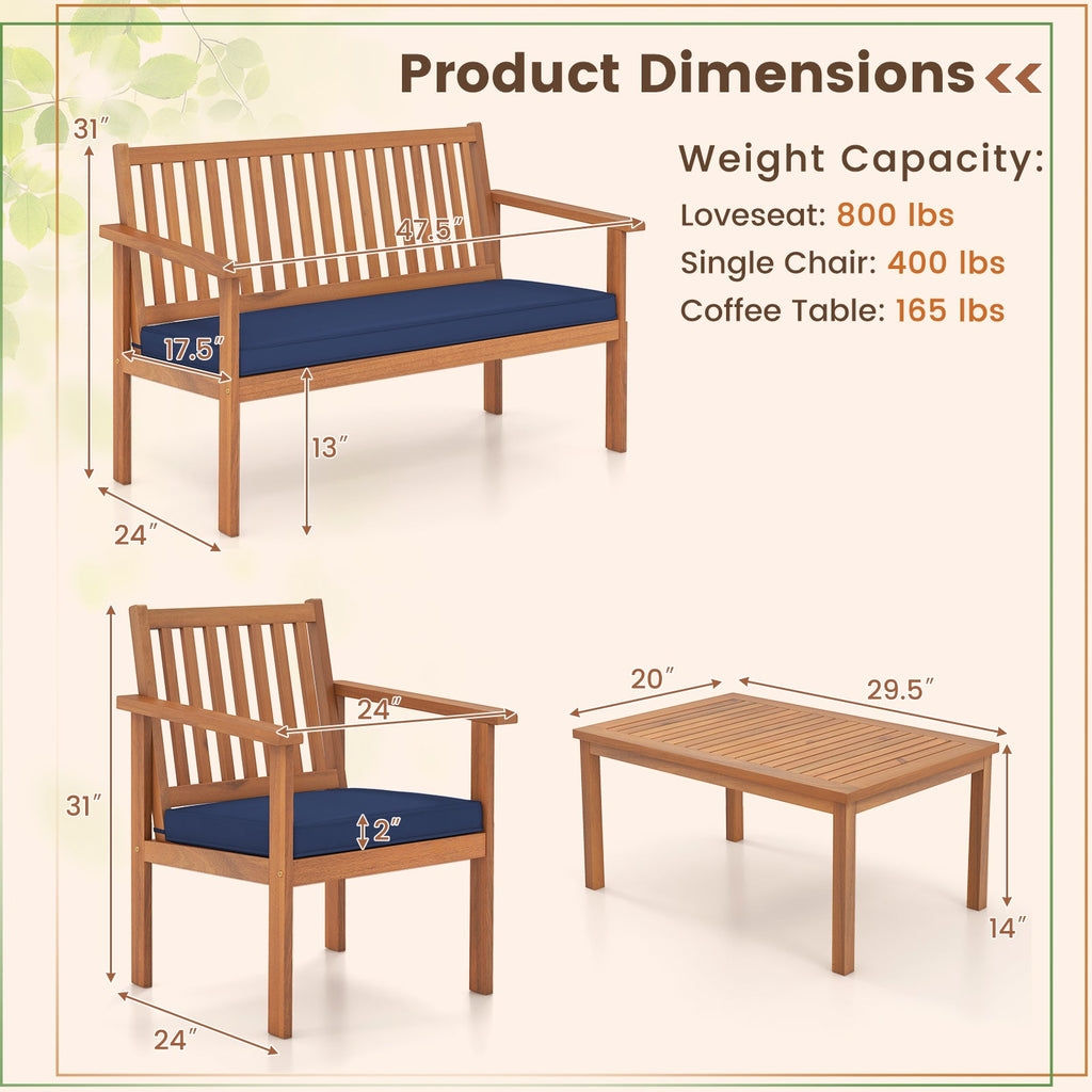 4 Piece Patio Wood Furniture Set Acacia Wood Sofa Set with Loveseat-Navy
