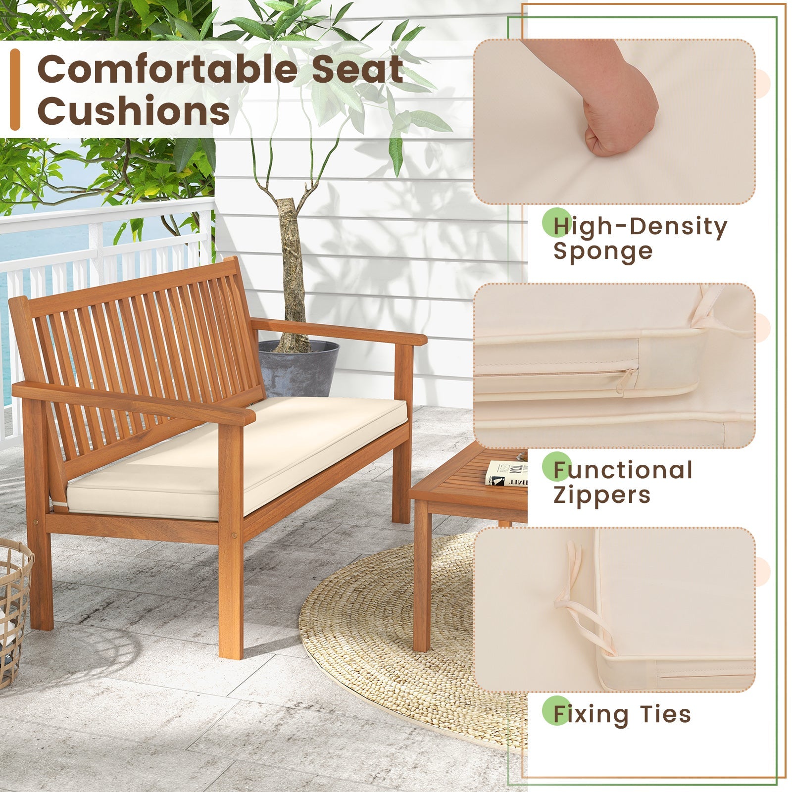 4 Piece Patio Wood Furniture Set Acacia Wood Sofa Set with Loveseat-Off White