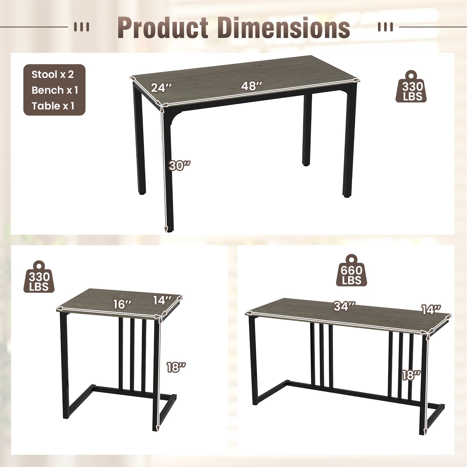4 Pieces Space-Saving Dining Table Set with Bench and 2 Stools-Oak