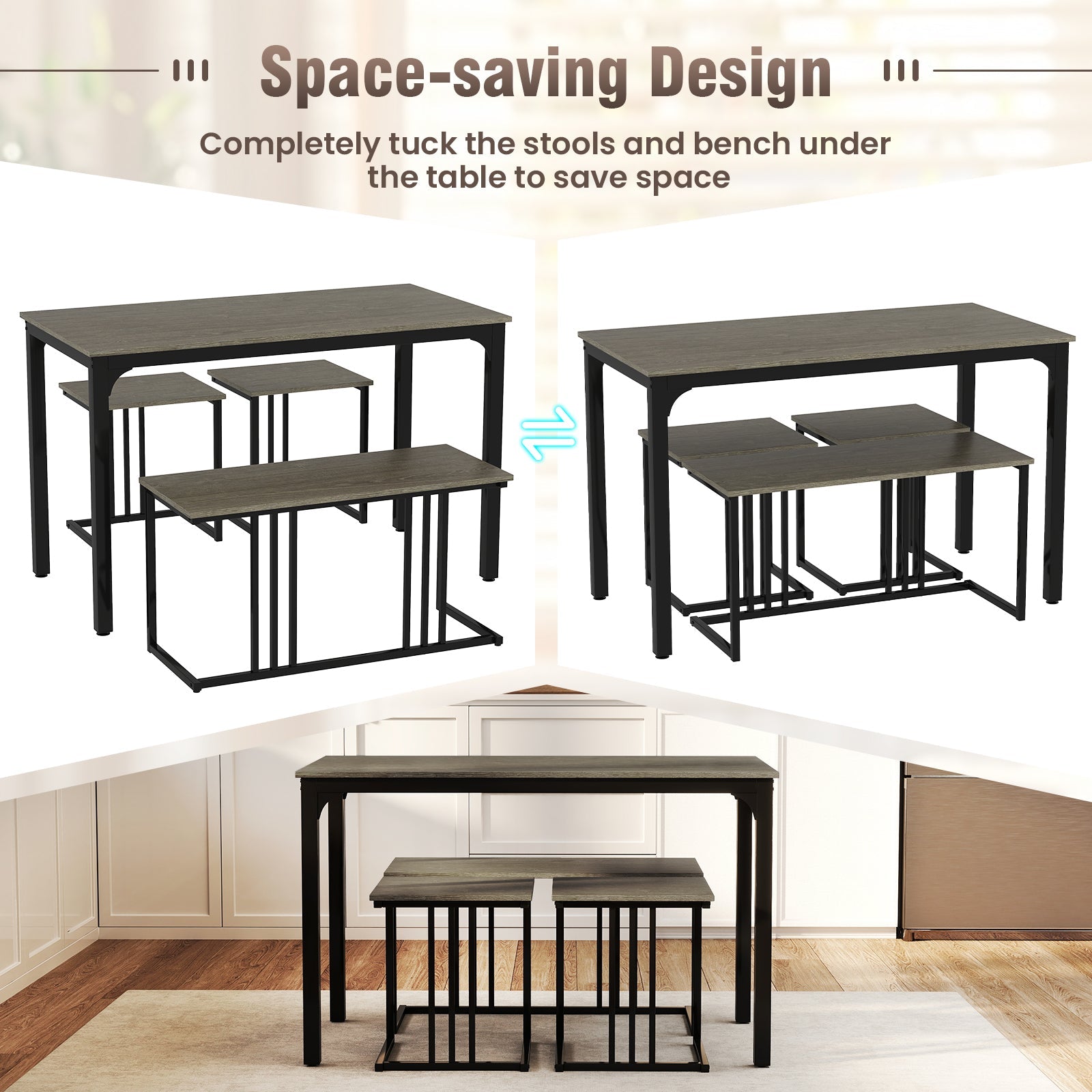 4 Pieces Space-Saving Dining Table Set with Bench and 2 Stools-Oak