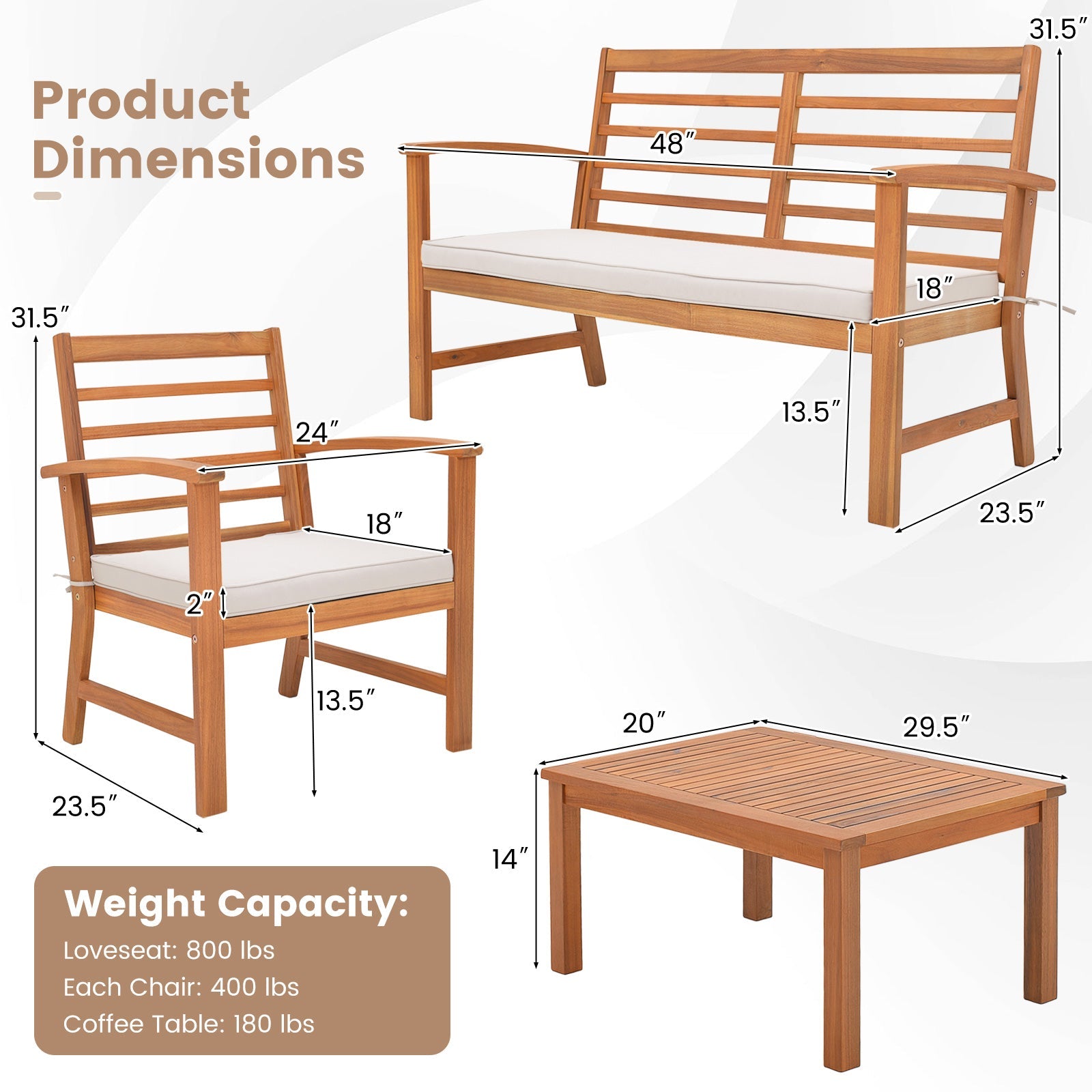 4 Pieces Outdoor Furniture Set with Stable Acacia Wood Frame-Beige