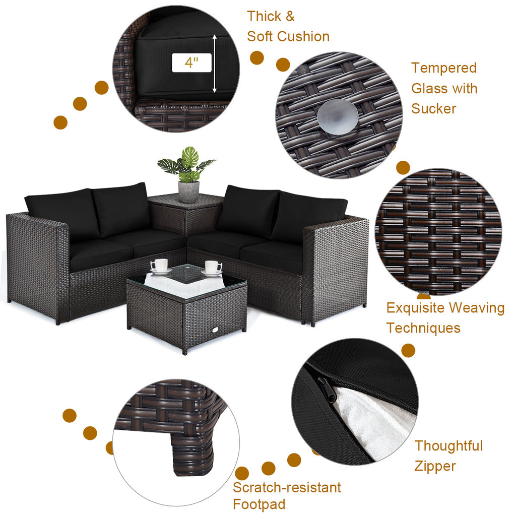 4 Pieces Outdoor Patio Rattan Furniture Set with Loveseat and Storage Box-Black
