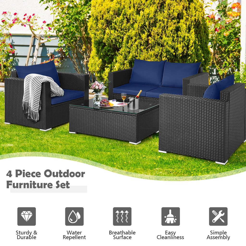 4 Pieces Patio Rattan Conversation Set with Padded Cushions-Navy