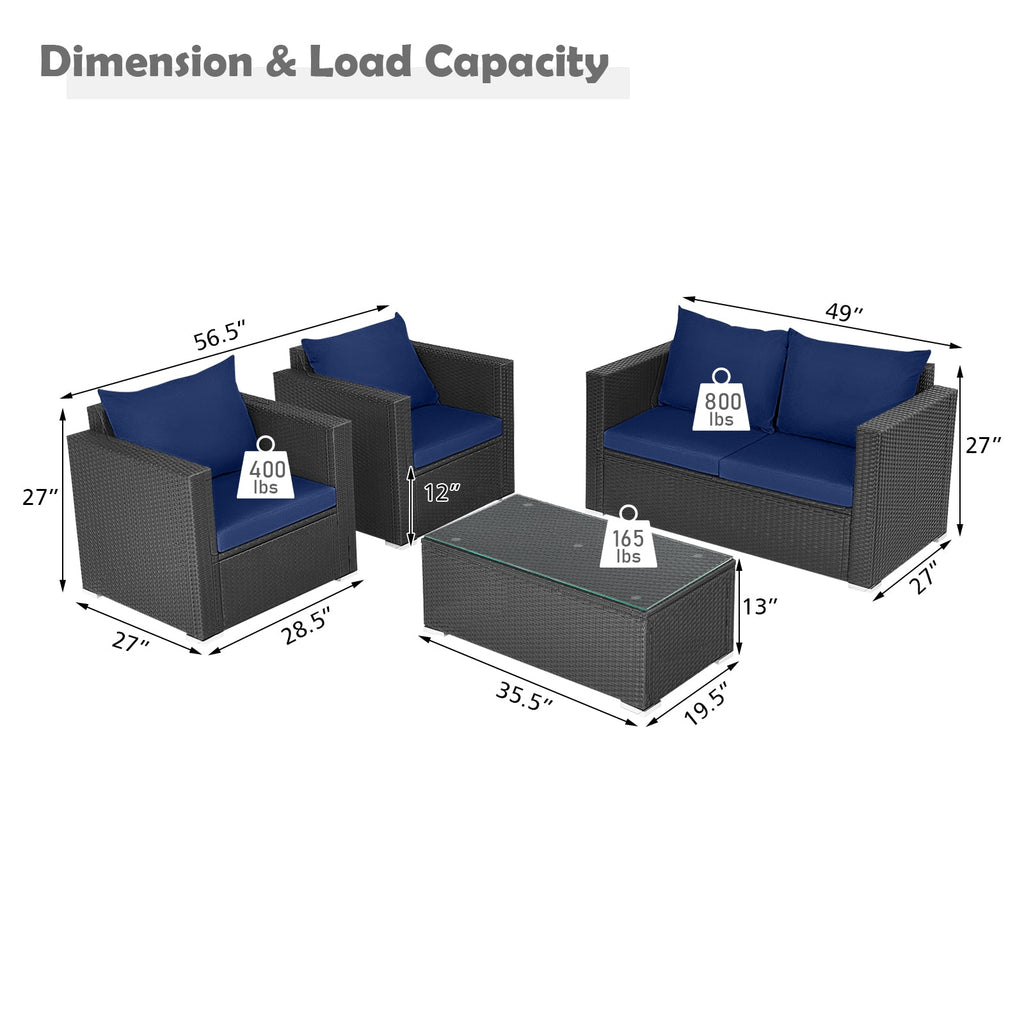 4 Pieces Patio Rattan Conversation Set with Padded Cushions-Navy