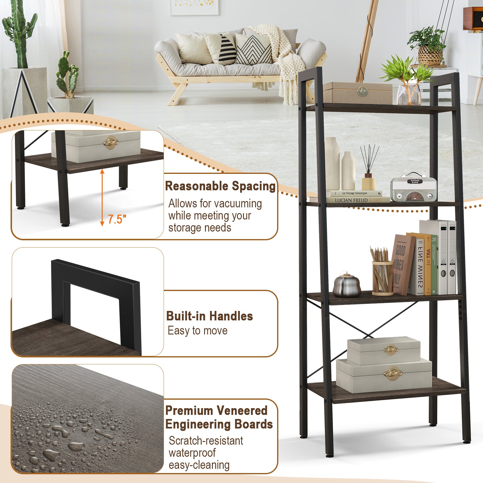4-Tier Bookshelf with Metal Frame and Adjustable Foot Pads-Oak