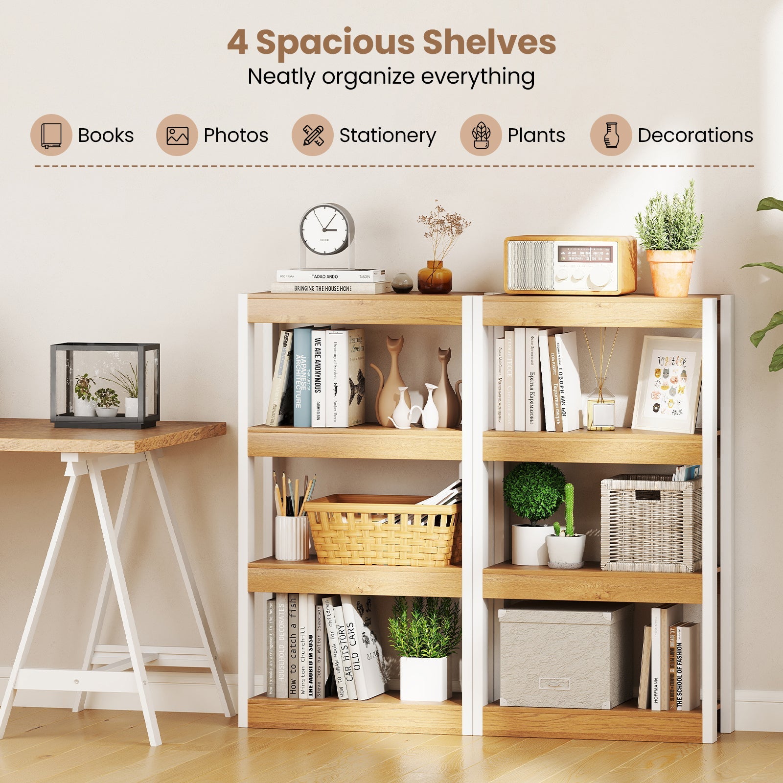 4 Tier Bookshelf Wooden Bookcase with Dual Anti-Tipping Kits-Natural