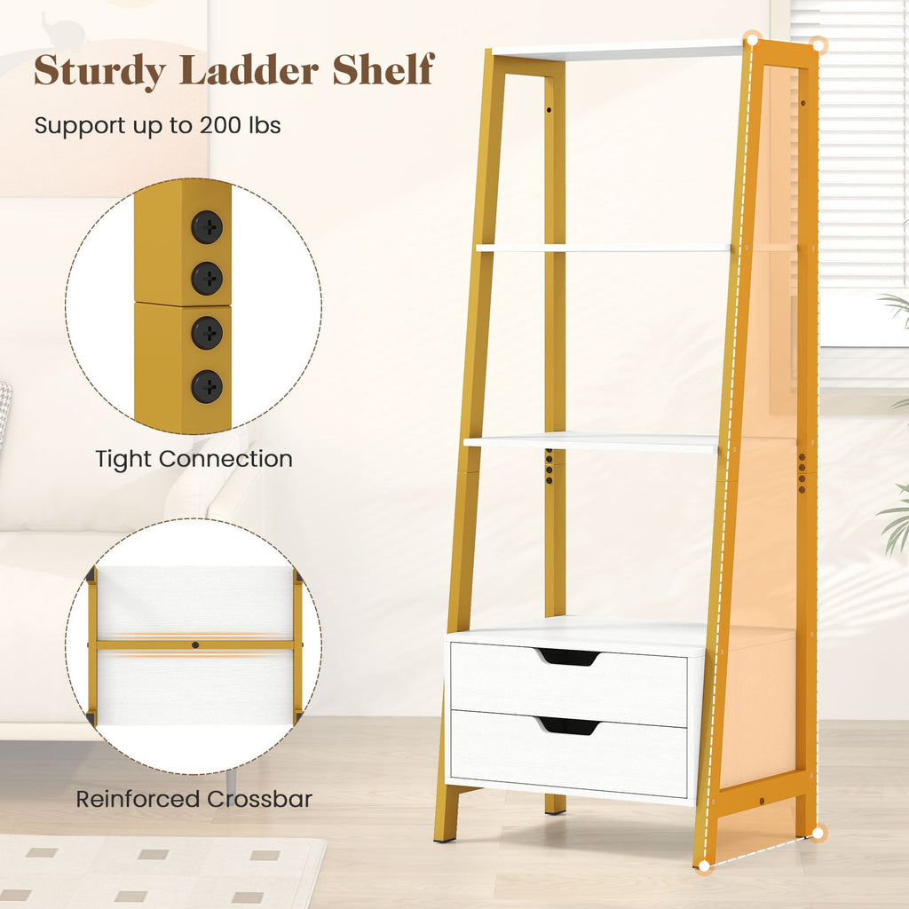 4-Tier Ladder Shelf with 2 Drawers 52.5 Inch Tall Freestanding Bookcase-White