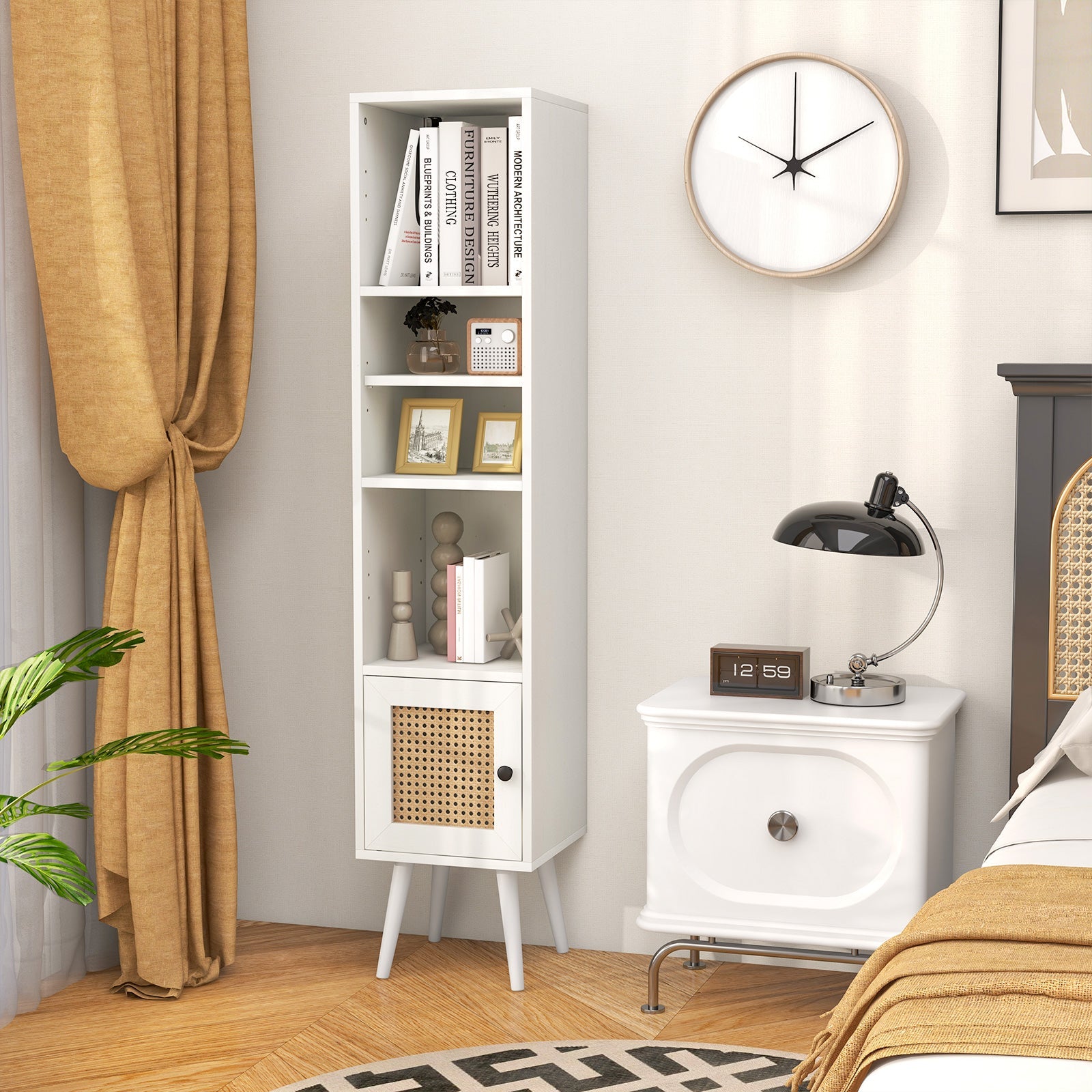 4 Tiers Rattan Storage Cabinet with Slim Design-White