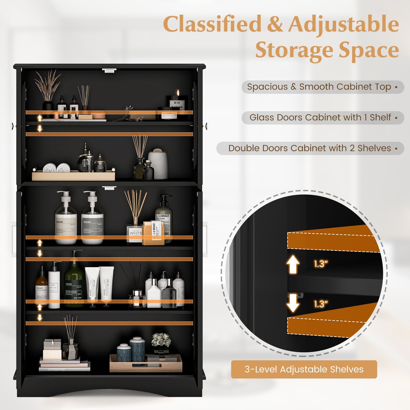 4 Doors Freeestanding Bathroom Floor Cabinet with Adjustable Shelves-Black
