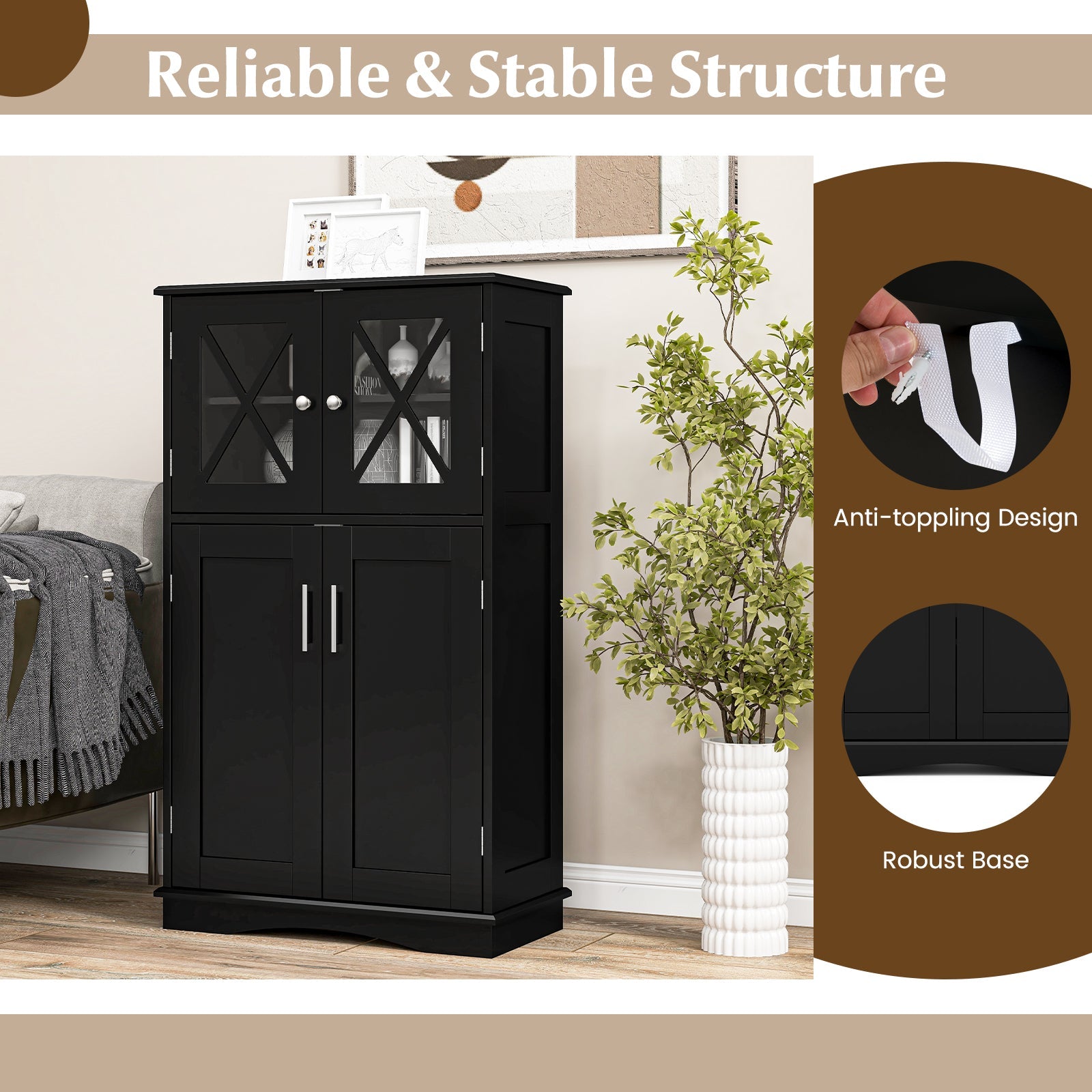 4 Doors Freeestanding Bathroom Floor Cabinet with Adjustable Shelves-Black