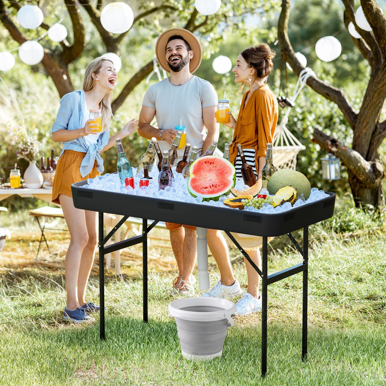 4 Feet Plastic Party Ice Folding Table with Matching Skirt-Black