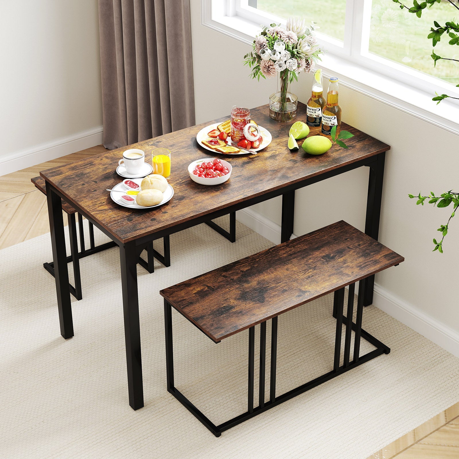 4 Pieces Industrial Dining Table Set with Bench and 2 Stools-Brown
