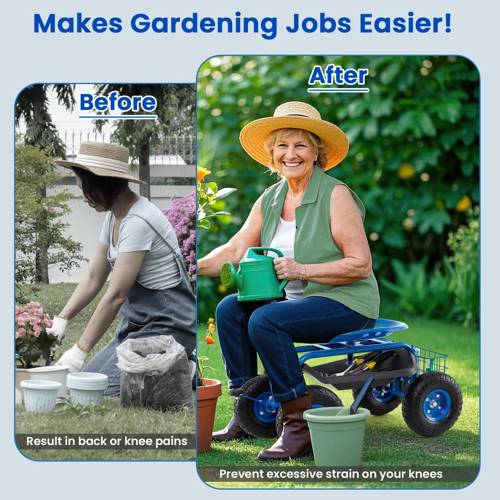 4-Wheel Rolling Garden Cart Work Seat-Blue