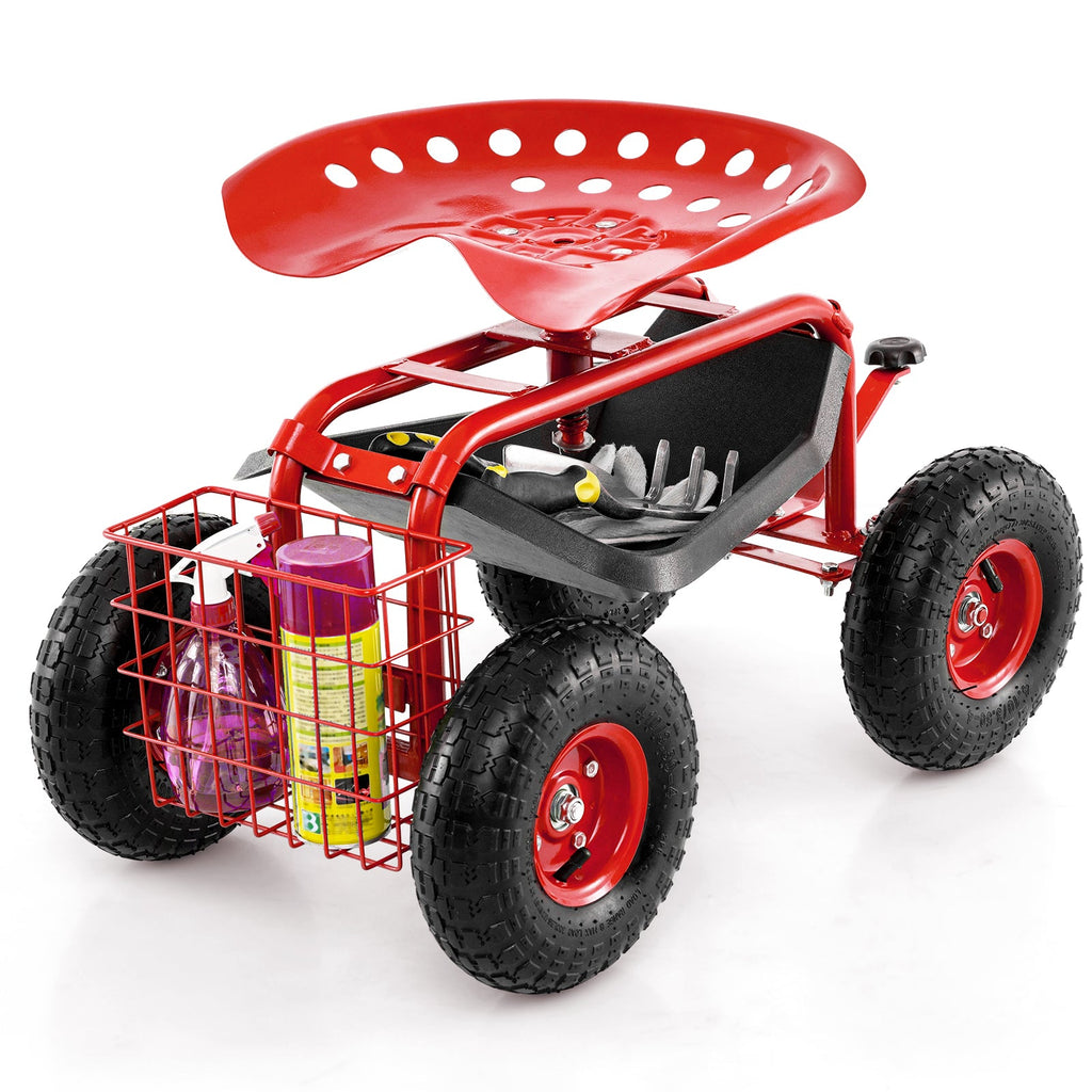 4-Wheel Rolling Garden Cart Work Seat-Red