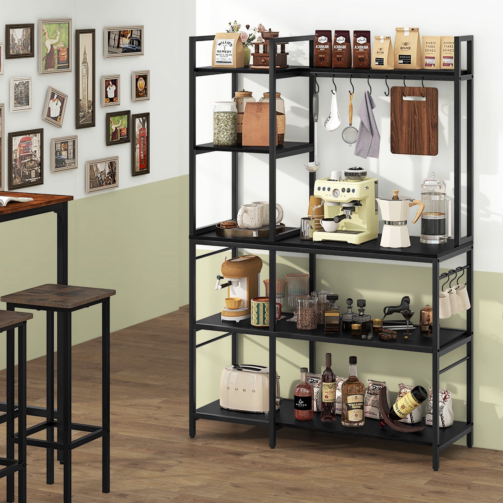 5-Tier Bakers Rack with Power Outlets and 10 S-Shaped Hooks-Black