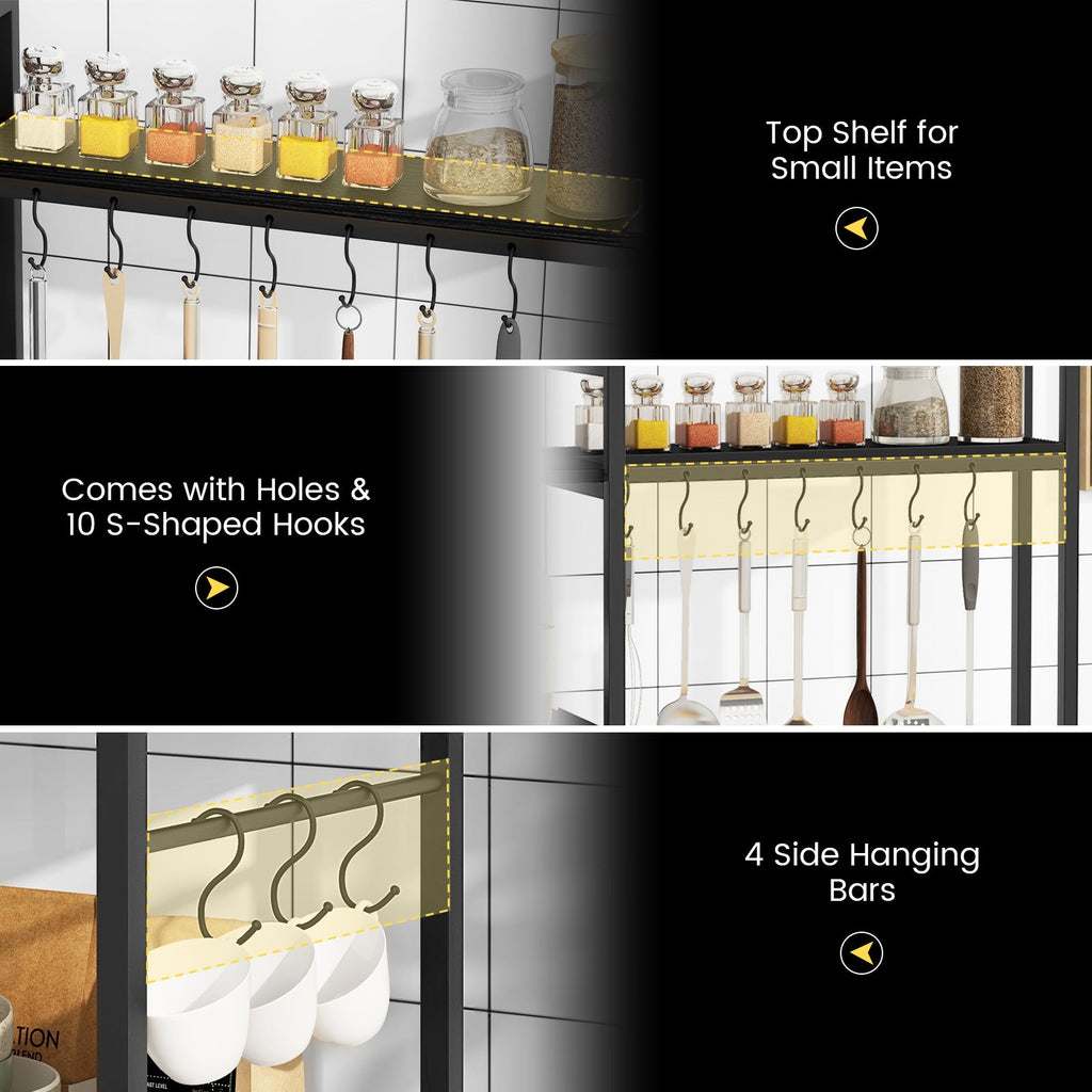 5-Tier Bakers Rack with Power Outlets and 10 S-Shaped Hooks-Black