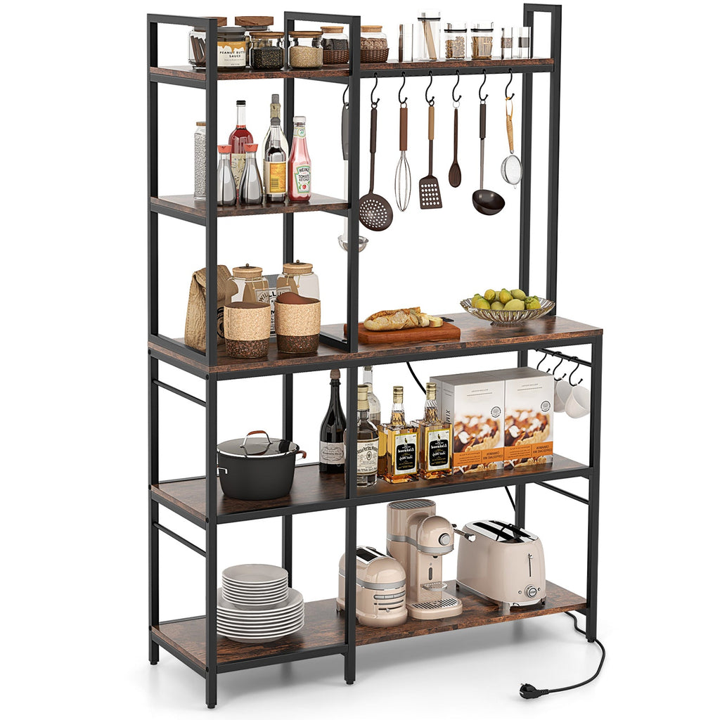 5-Tier Bakers Rack with Power Outlets and 10 S-Shaped Hooks-Rustic Brown