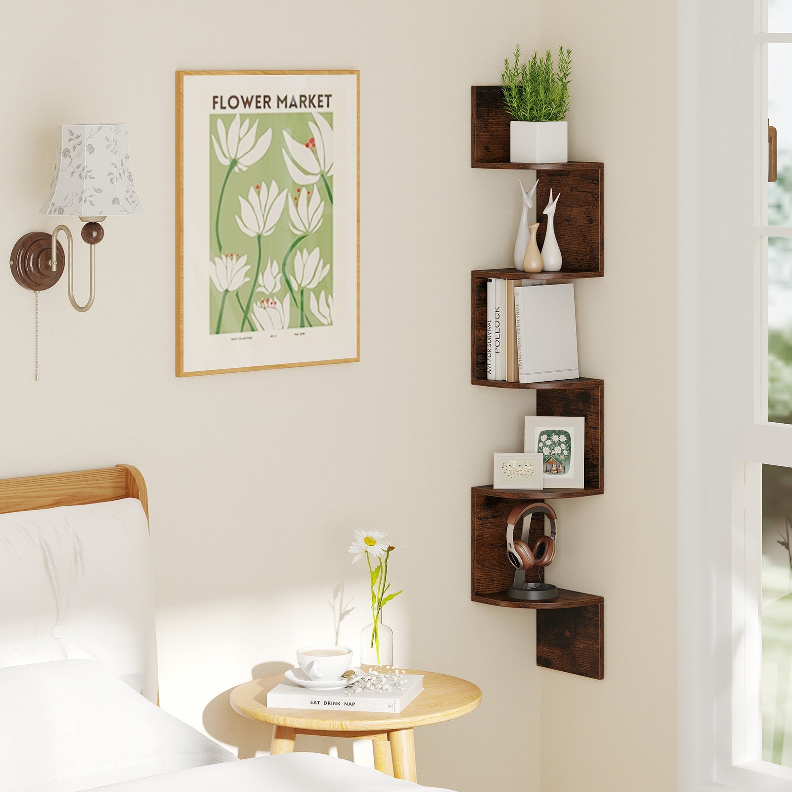 5-Tier Corner Shelf Floating Bookshelf Wall Mounted Storage Organizer-Rustic Brown