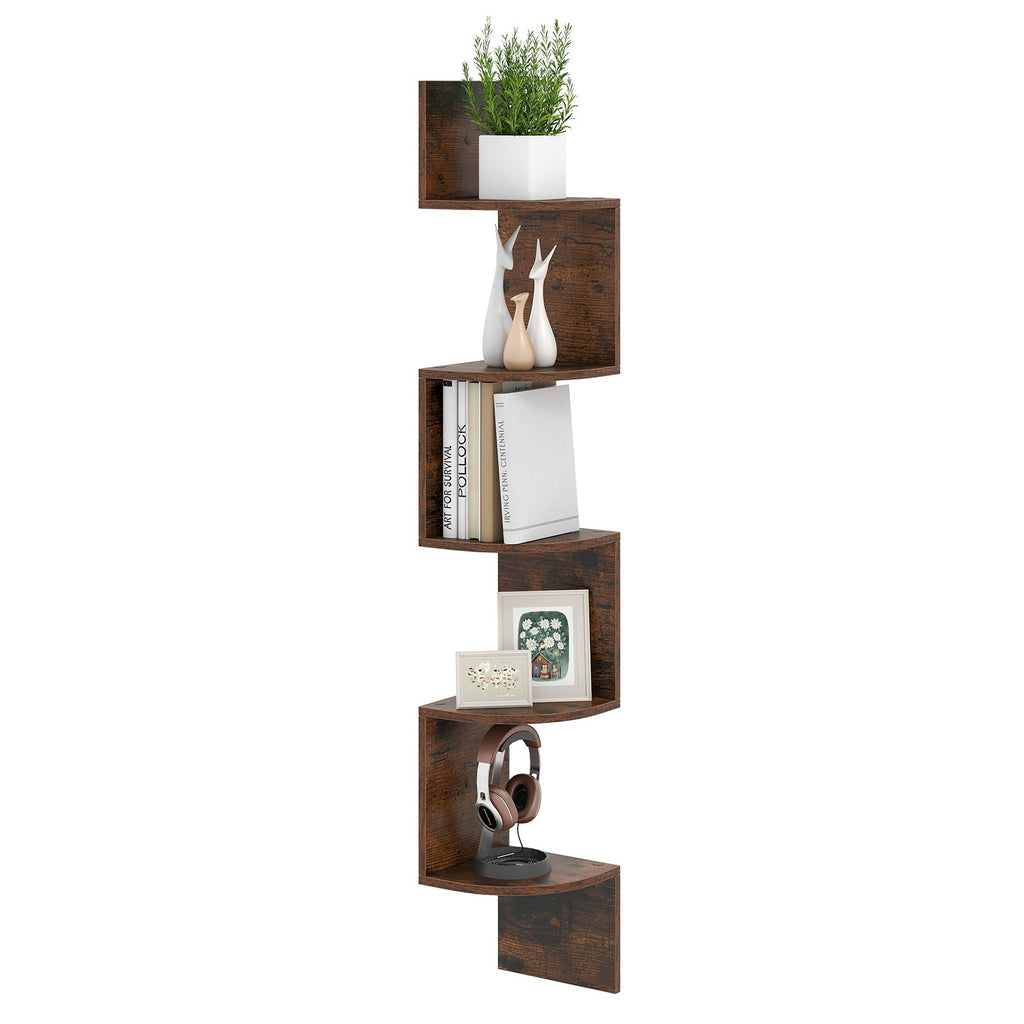 5-Tier Corner Shelf Floating Bookshelf Wall Mounted Storage Organizer-Rustic Brown