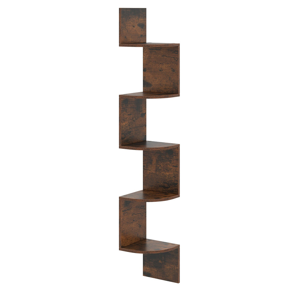 5-Tier Corner Shelf Floating Bookshelf Wall Mounted Storage Organizer-Rustic Brown