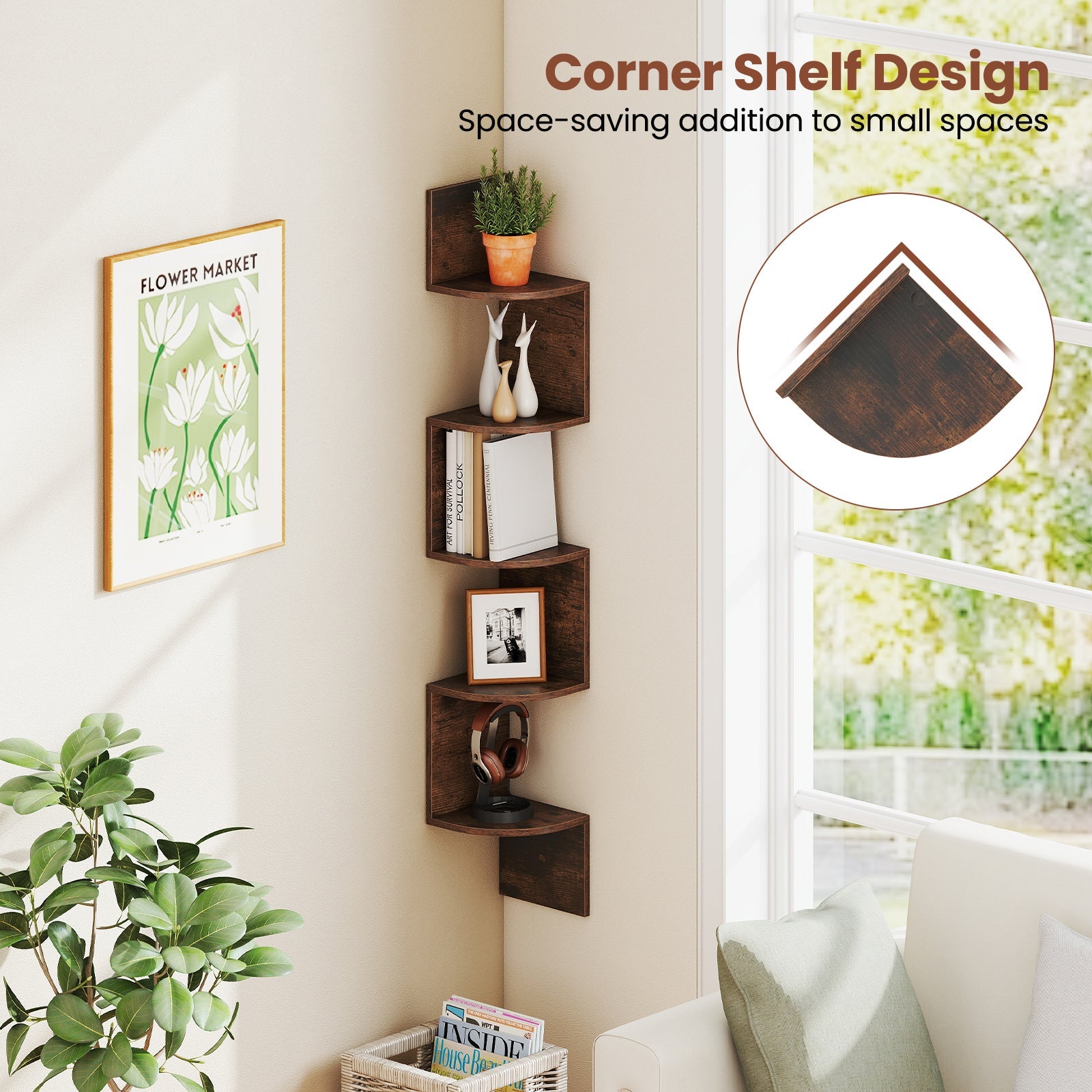 5-Tier Corner Shelf Floating Bookshelf Wall Mounted Storage Organizer-Rustic Brown