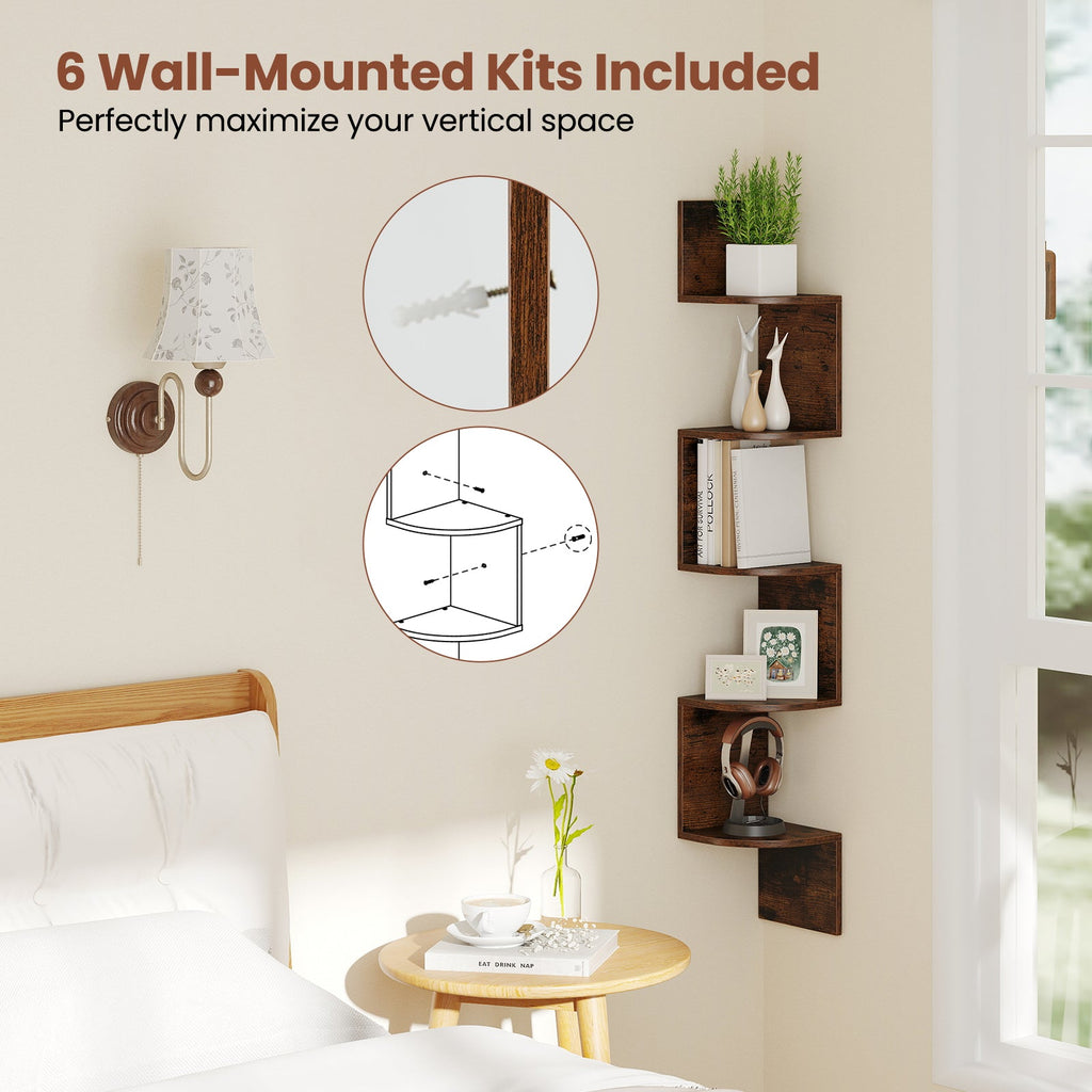 5-Tier Corner Shelf Floating Bookshelf Wall Mounted Storage Organizer-Rustic Brown
