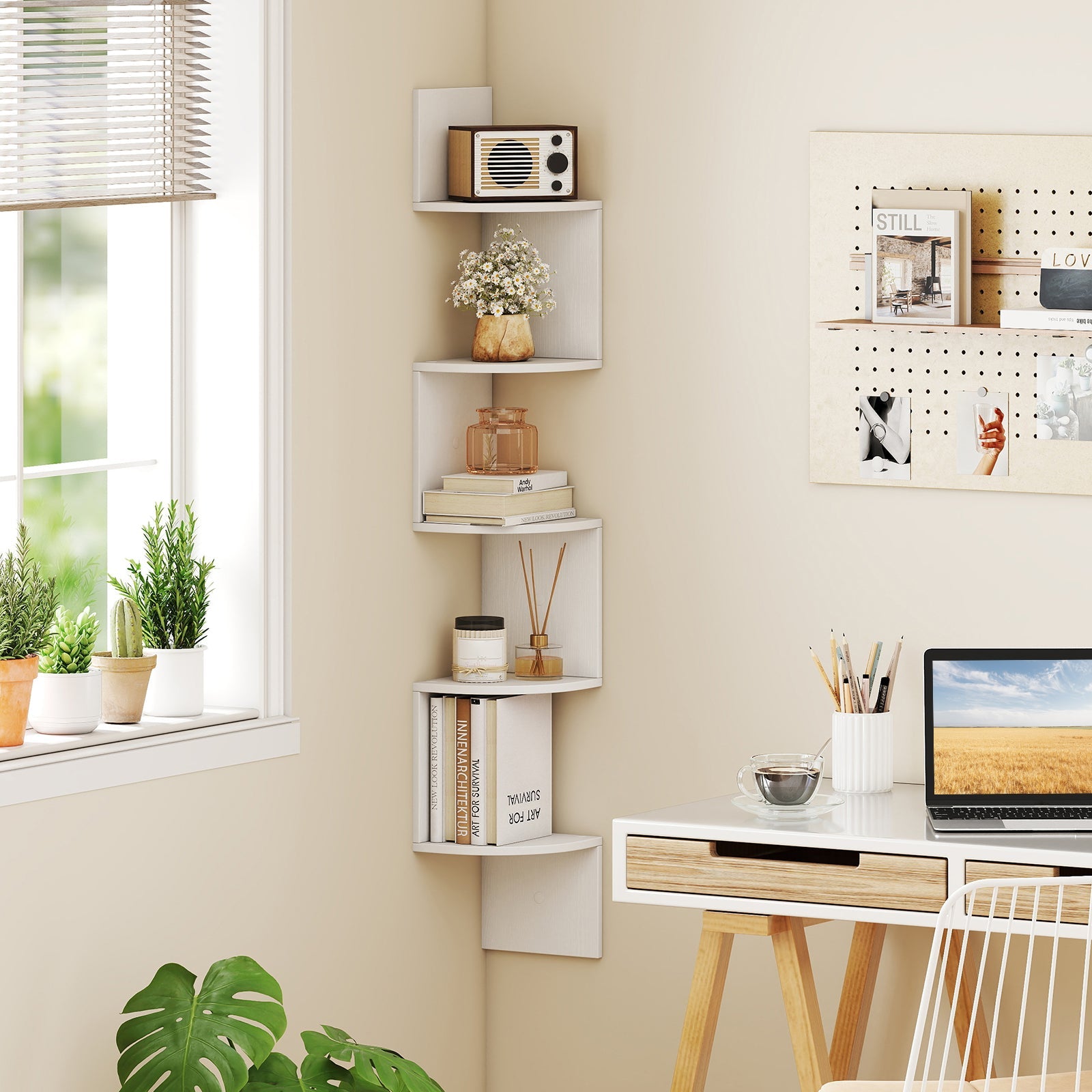 5-Tier Corner Shelf Floating Bookshelf Wall Mounted Storage Organizer-White