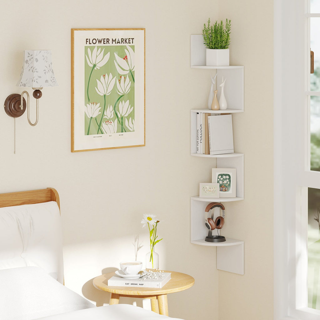 5-Tier Corner Shelf Floating Bookshelf Wall Mounted Storage Organizer-White