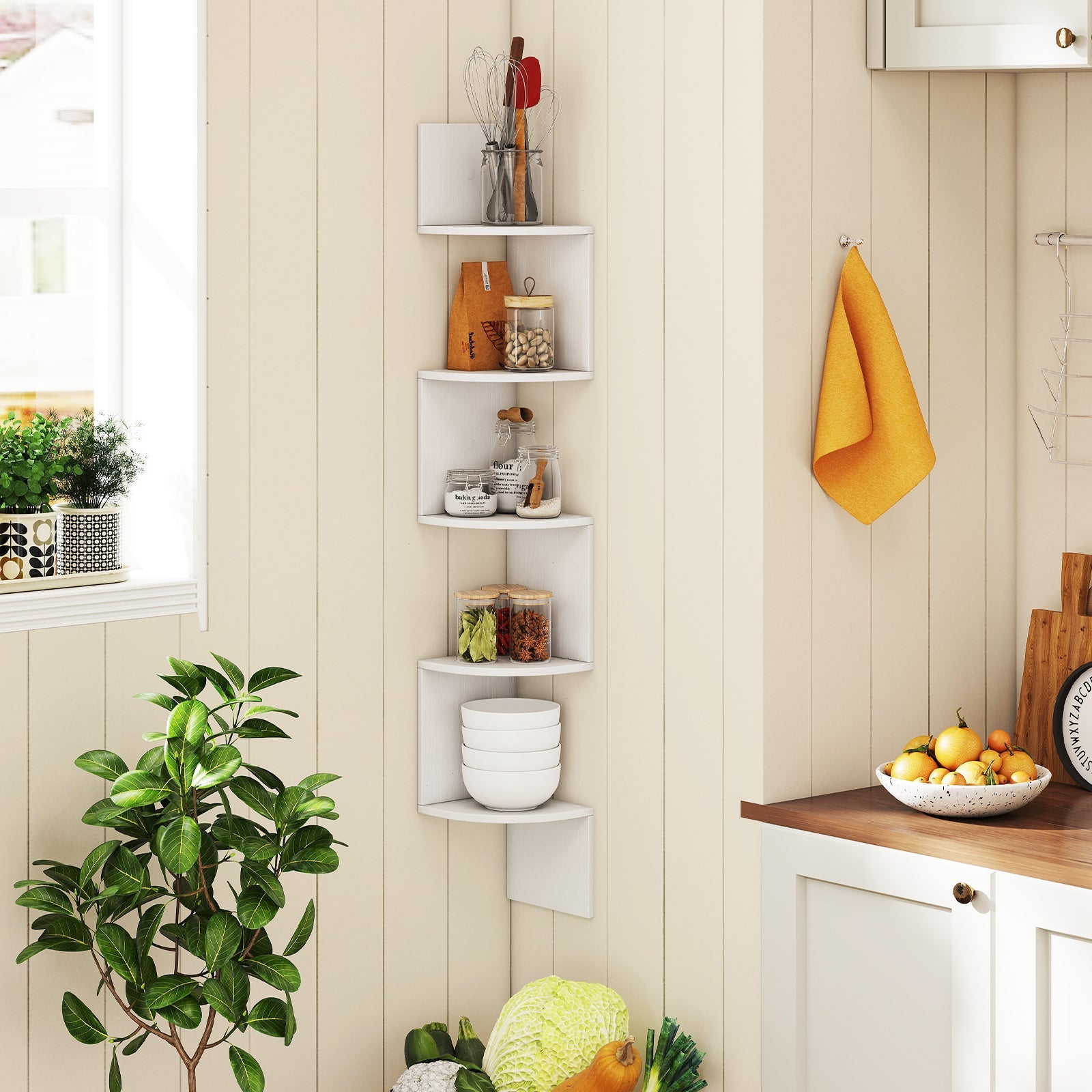 5-Tier Corner Shelf Floating Bookshelf Wall Mounted Storage Organizer-White