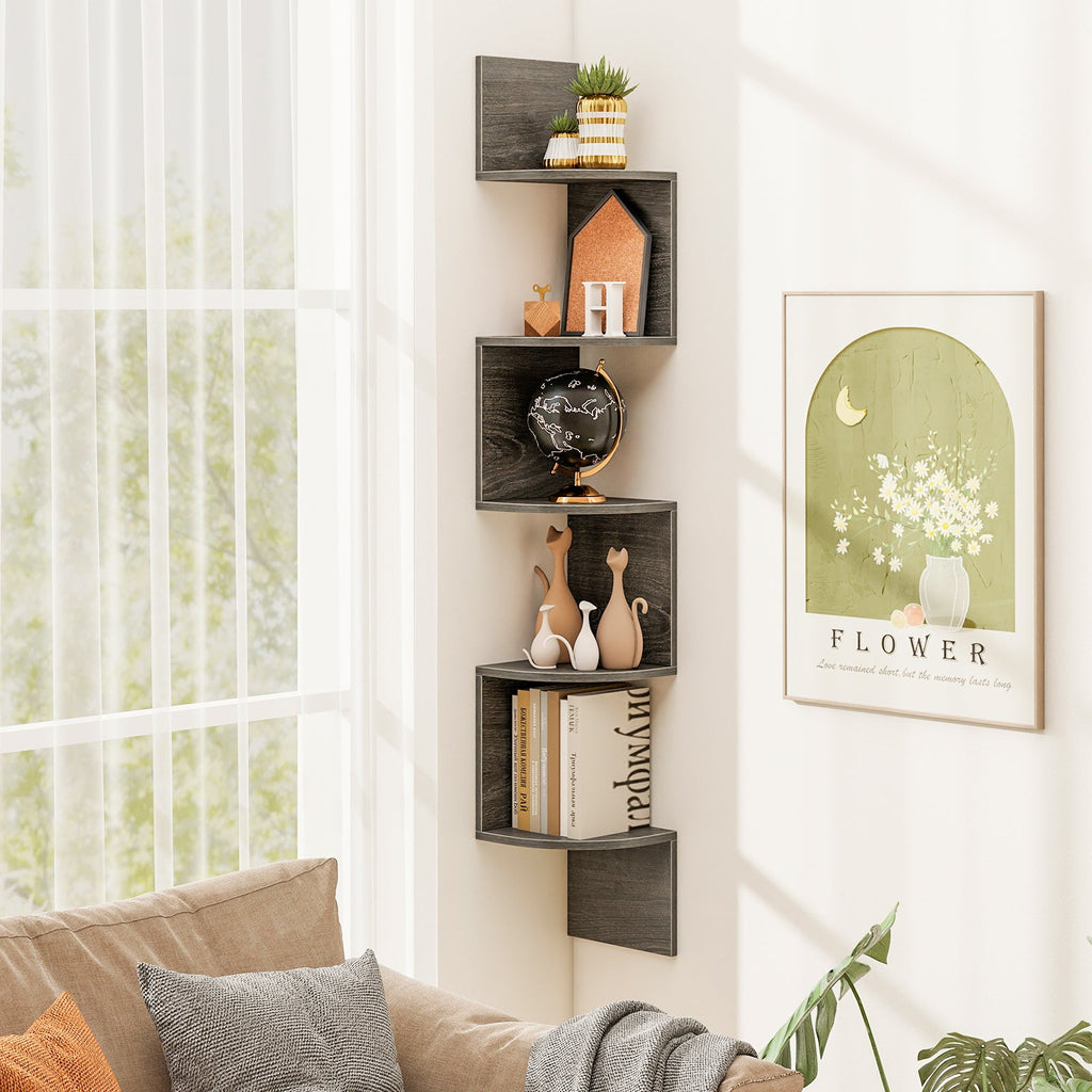 5-Tier Corner Shelf Floating Bookshelf Wall Mounted Storage Organizer-Oak