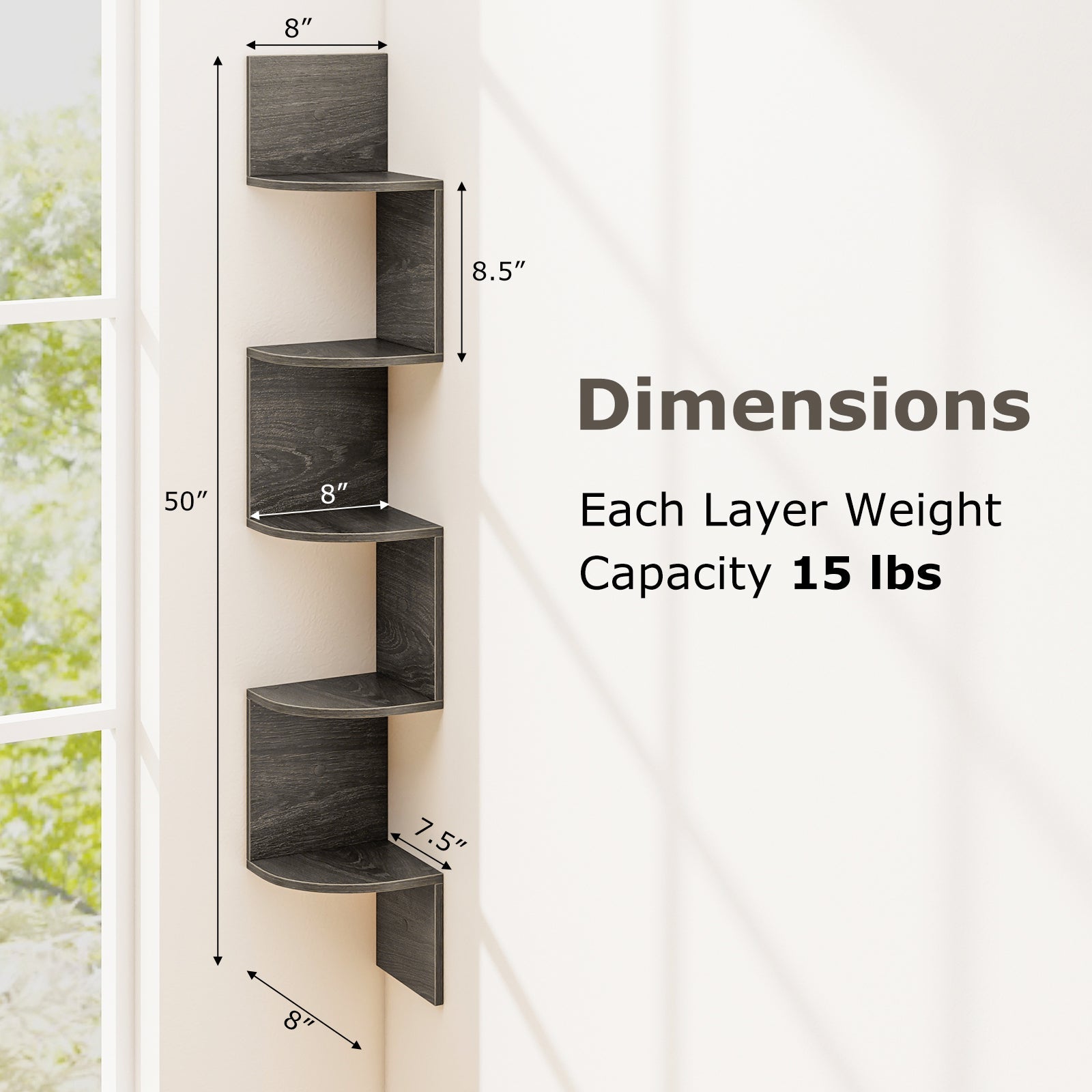 5-Tier Corner Shelf Floating Bookshelf Wall Mounted Storage Organizer-Oak