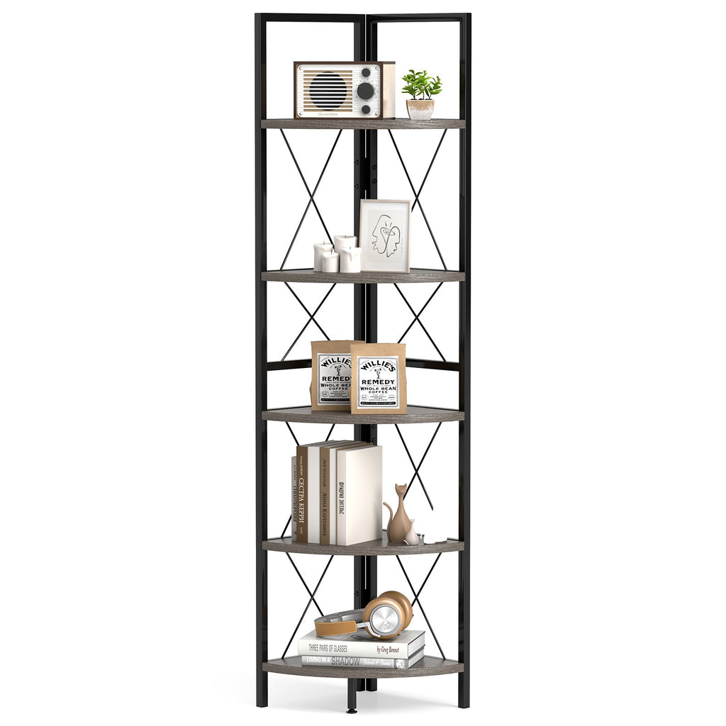 5-Tier Freestanding Corner Shelf 63 Inch Tall Storage Rack-Oak