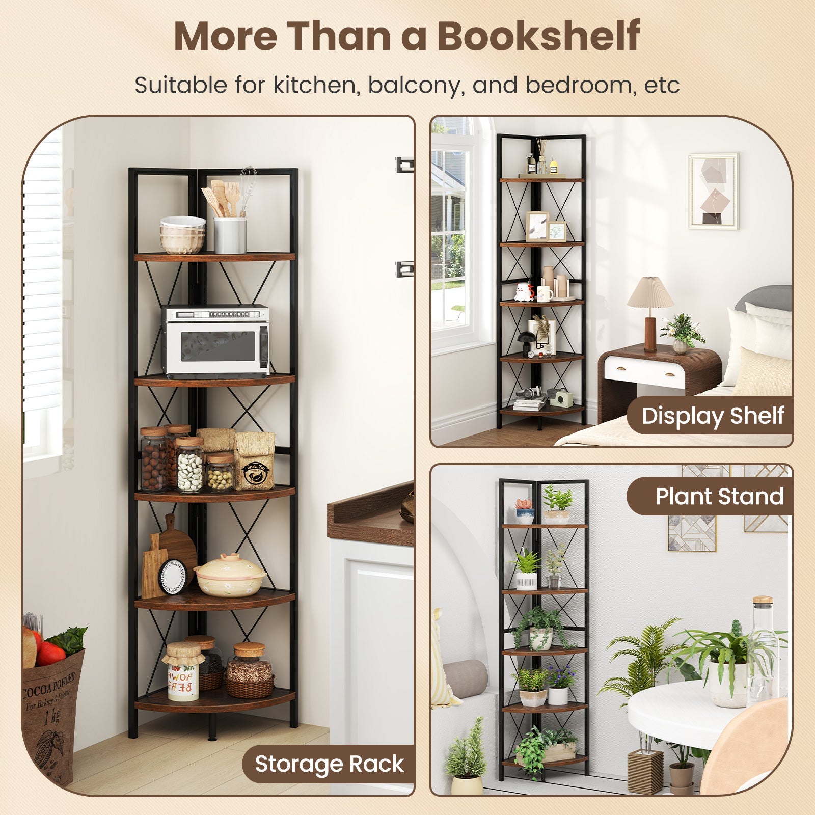 5-Tier Freestanding Corner Shelf 63 Inch Tall Storage Rack-Rustic Brown